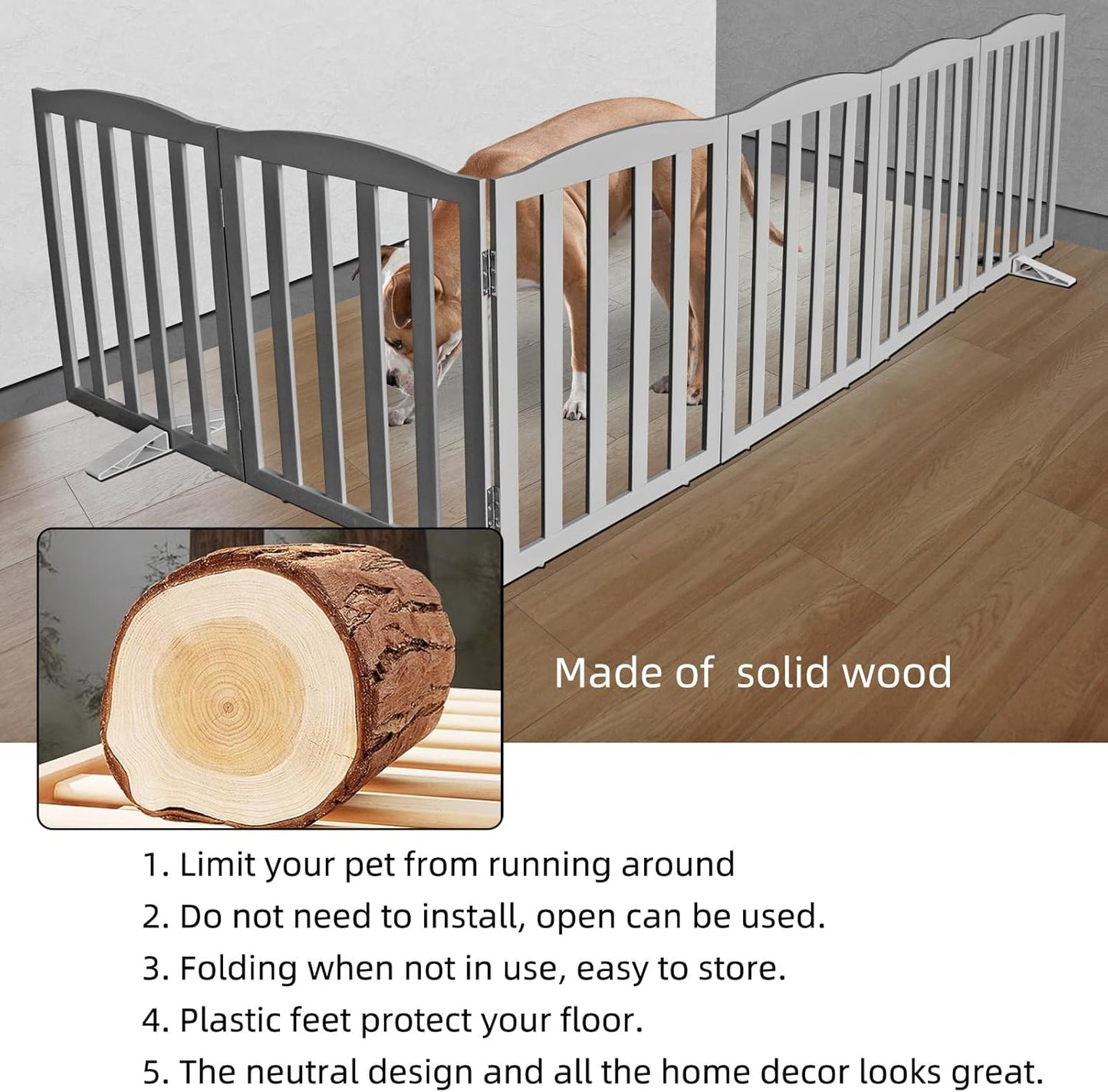 ZJSF Foldable Freestanding Indoor Dog Gate for House Wood Long Pet Gates Dog Fence for Stairs Puppy Gates for Hallways, Puppy Gate,Support Feet Included, Grey, 32 "Height-6 Panels