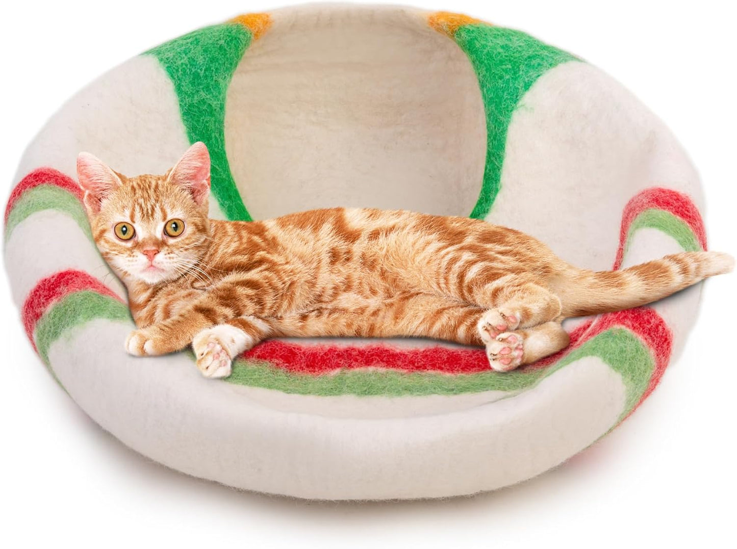 Woolygon Premium Felt Cat Cave Bed โ Wool Kitty Beds Handcrafted Kitten Caves Bed for Indoor Cats - Made from 100% Eco-Friendly Merino Wool, Foldable Cat Hidewawy Covered Cat House Pod (Candy Swirl)