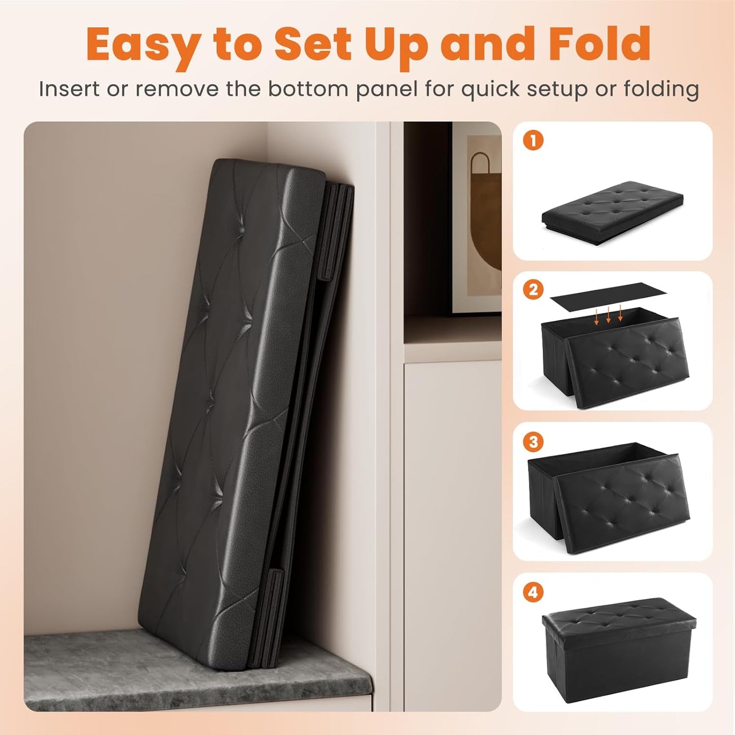 Sweetcrispy 30 Inches Folding Ottoman with Storage Bench, Foot Rest Stool, End of Bed Storage Bench Upholstered, Load 660 lbs, for Living Room, Lychee Grain Leather, Black