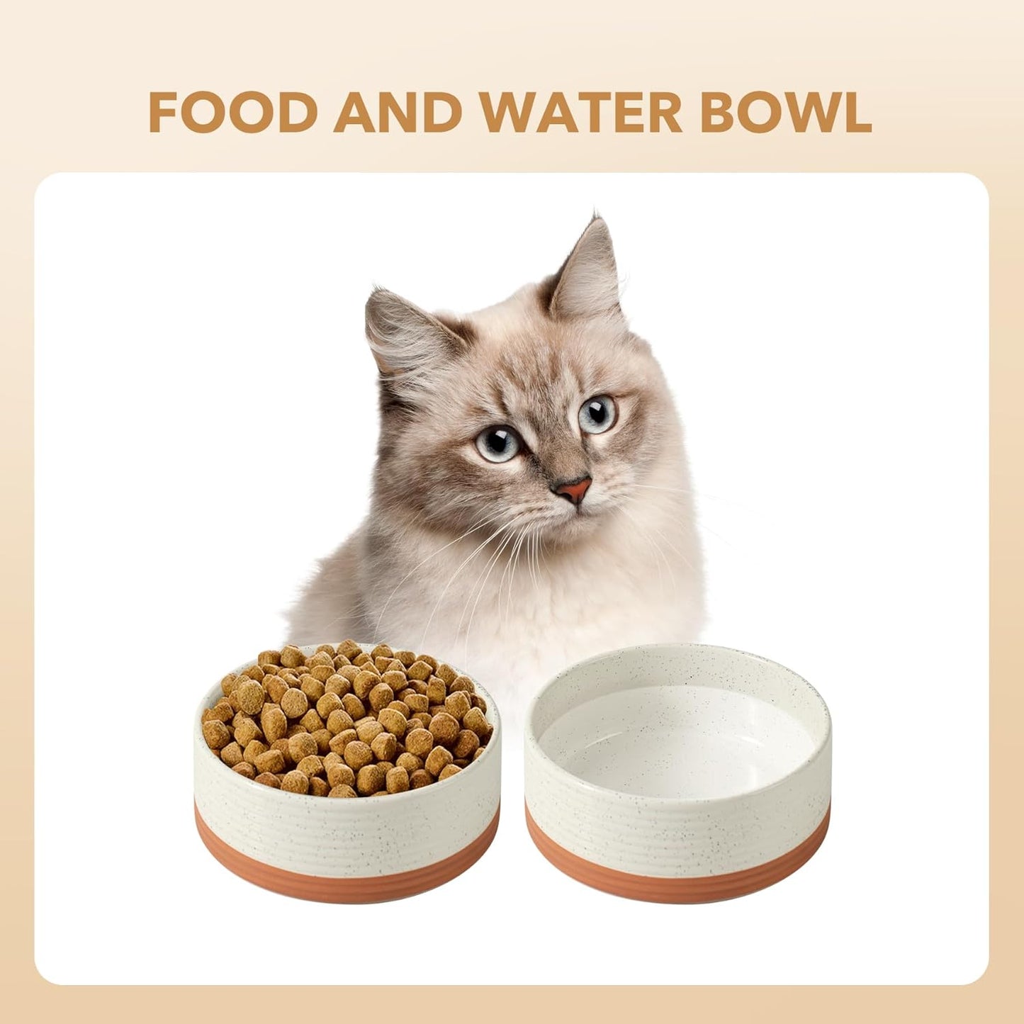 Ceramic 5.1inch Set of 2 Dog and Cat Bowls for Puppy, Kitty, Cats, 2pcs Anti-Slip Food and Water Pet Feeder(2 Bowls, Vanilla White)