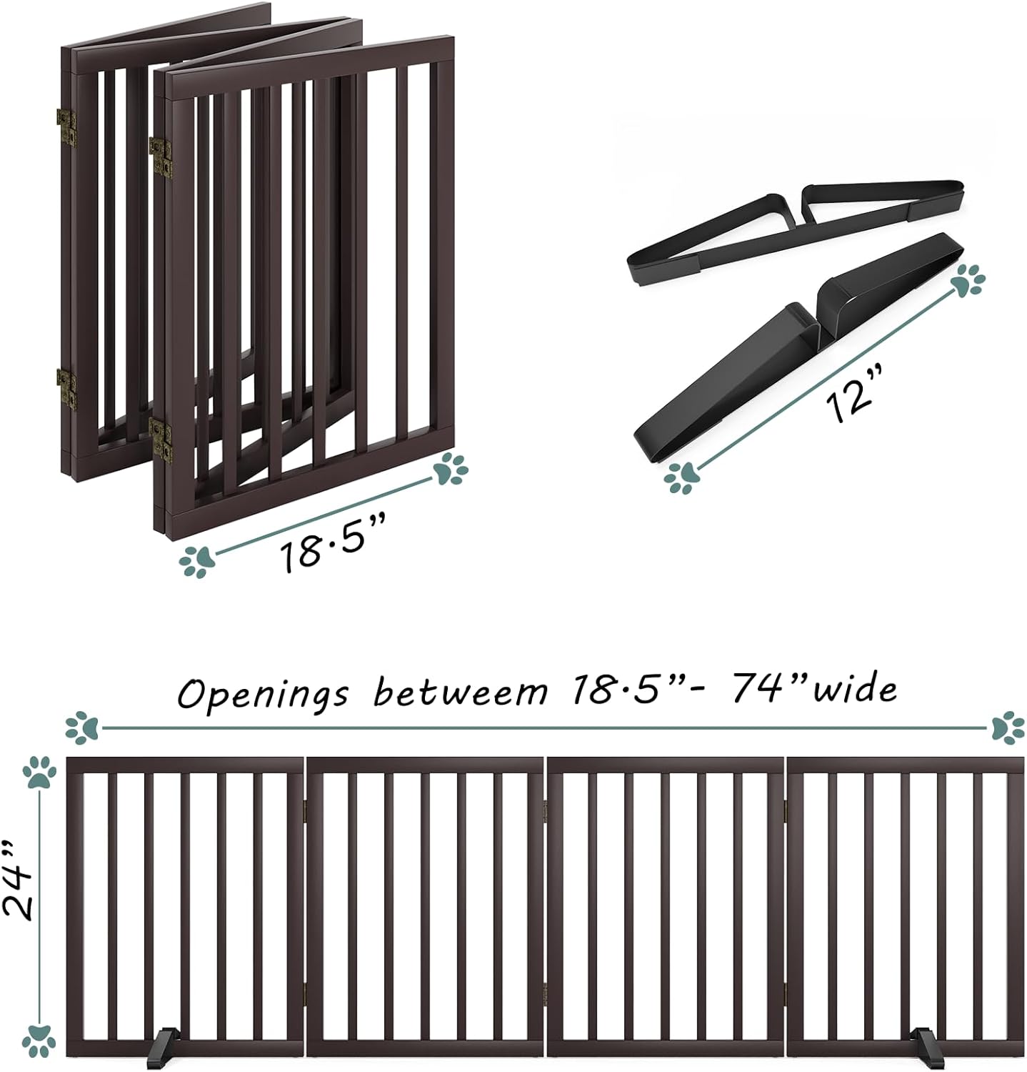 Wooden Dog Gate Freestanding Foldable 4 Panel Pet Gates Extra Wide Dog Gates for Indoor Doorways Stairs 24in Height Support Feet Included