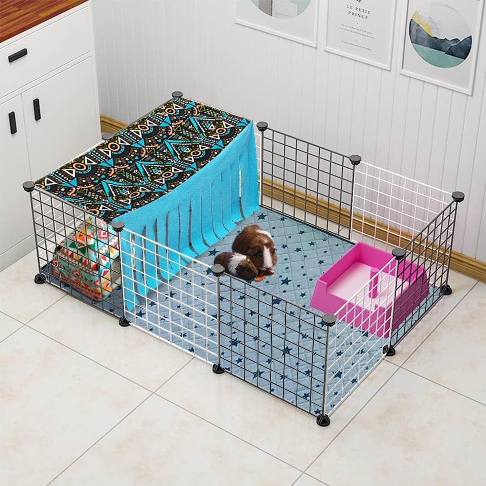 RIOUSSI Guinea Pig Hideout Hideaway Corner Fleece Toys Cage Accessories with Reversible Sides, Geo/Gray+Blue, 27"x14"x14"