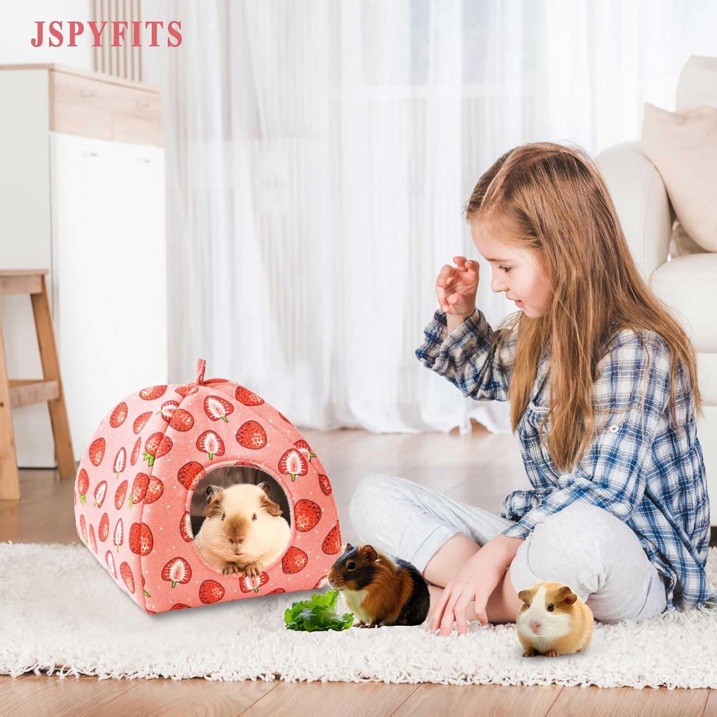 JSPYFITS Guinea Pig Hideout, 2 Pack Guinea Pigs House Set Rabbit Bed, Guineapigs Houses Rabbit Hideout for Small Animal Bunny/Rabbits/Chinchilla Accessories Pink Strawberry