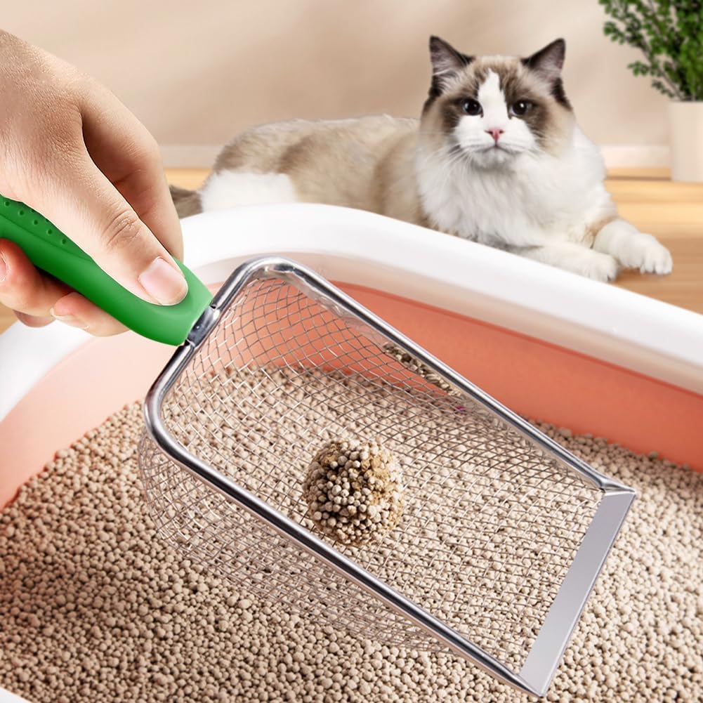 Metal Cat Litter Scoop,Sturdy Litter Cleaner Corner Shovel,Stainless Steel Mesh Litter Shovel,Easy to Clean Reptile Terrarium Sand Waste(Green)
