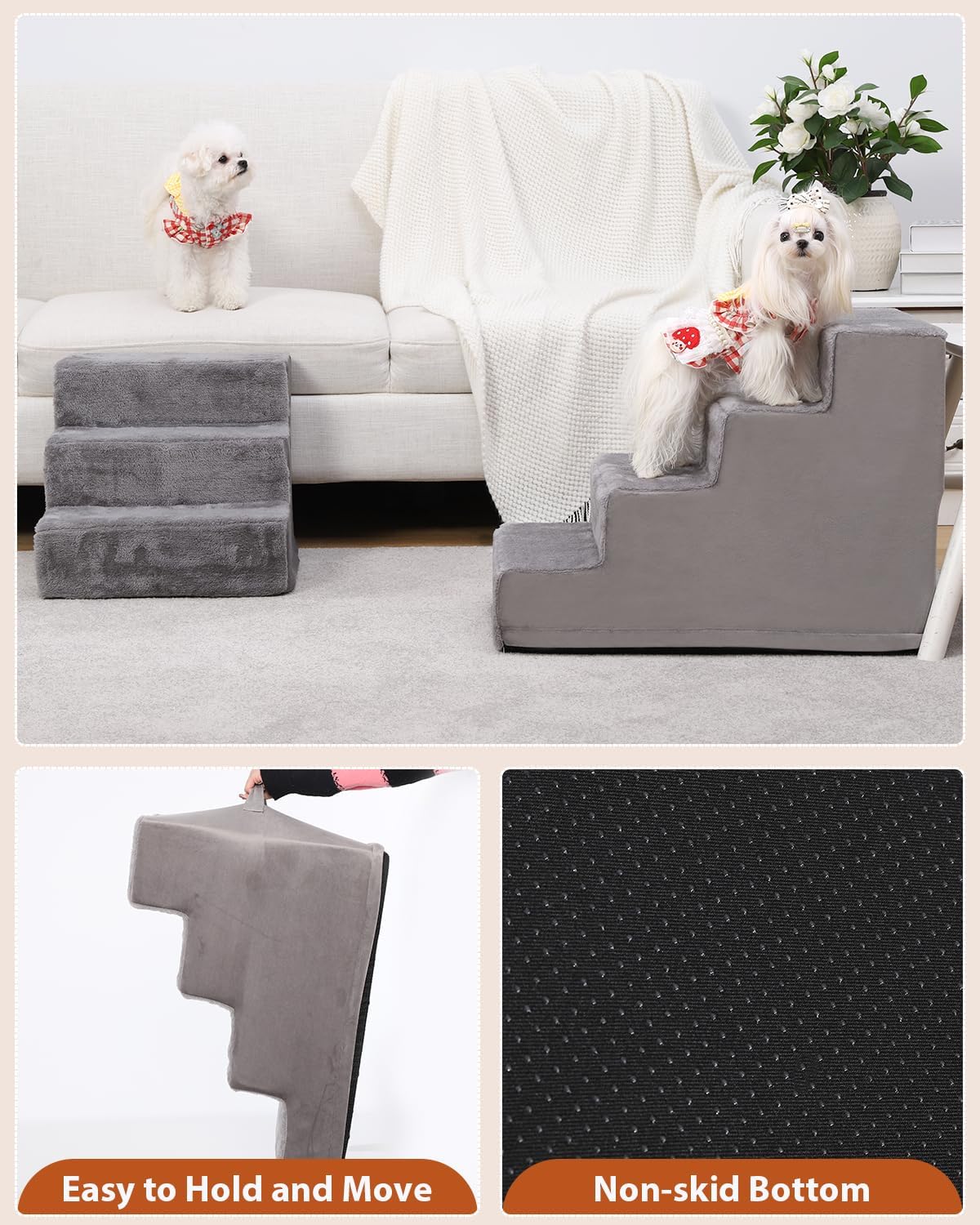Dog Stairs for Small Dogs,17.5" 4-Step Pet Stairs for High Beds and Couches,Dog Steps with Non-Slip Bottom and High-Density Foam Indoor Outdoor,Grey