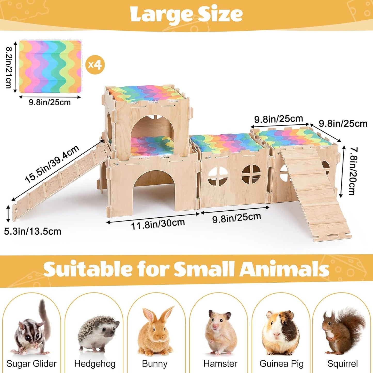 Guinea Pig Hideout, Guinea Pigs House with Stairs and Mats Extra Large Guinea Piggy Castle Detachable Hideouts for Small Animals Wooden Guinea Pig Habitats with Multiple Doors and Windows