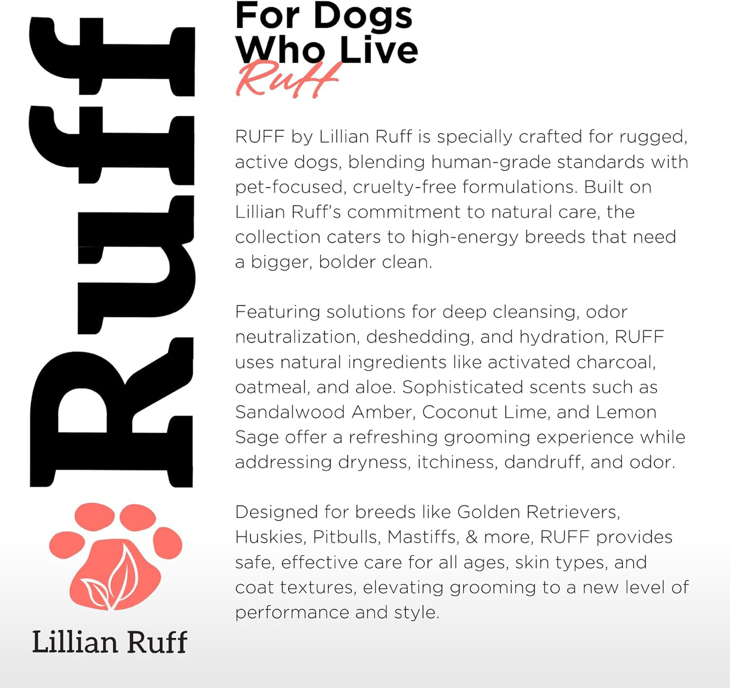 Ruff by Lillian Ruff No-Rinse Waterless Dog Shampoo Spray โ Sandalwood Amber โ Cleans, Conditions, Detangles & Deodorizes โ Puppy & Cat Safe โ USA Made (Gallon)