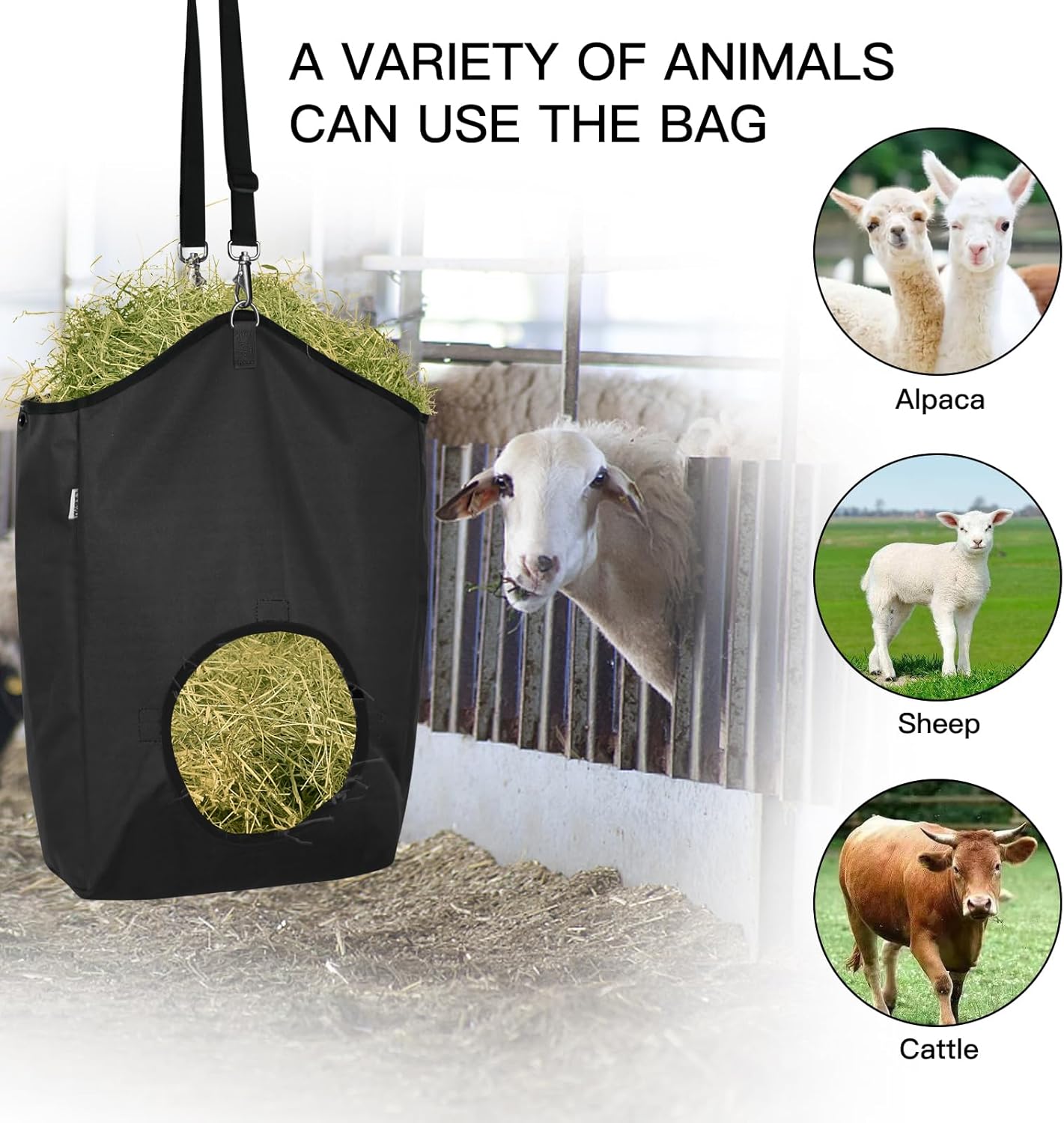 3 Packs Goat Hay Feeder,Hay Bags for Goats,Horses,Sheep,Premium 600D Oxford Cloth,with Metal Fastener and Adjustable Open Feed Hole for Slow Feeding. (3 Black)