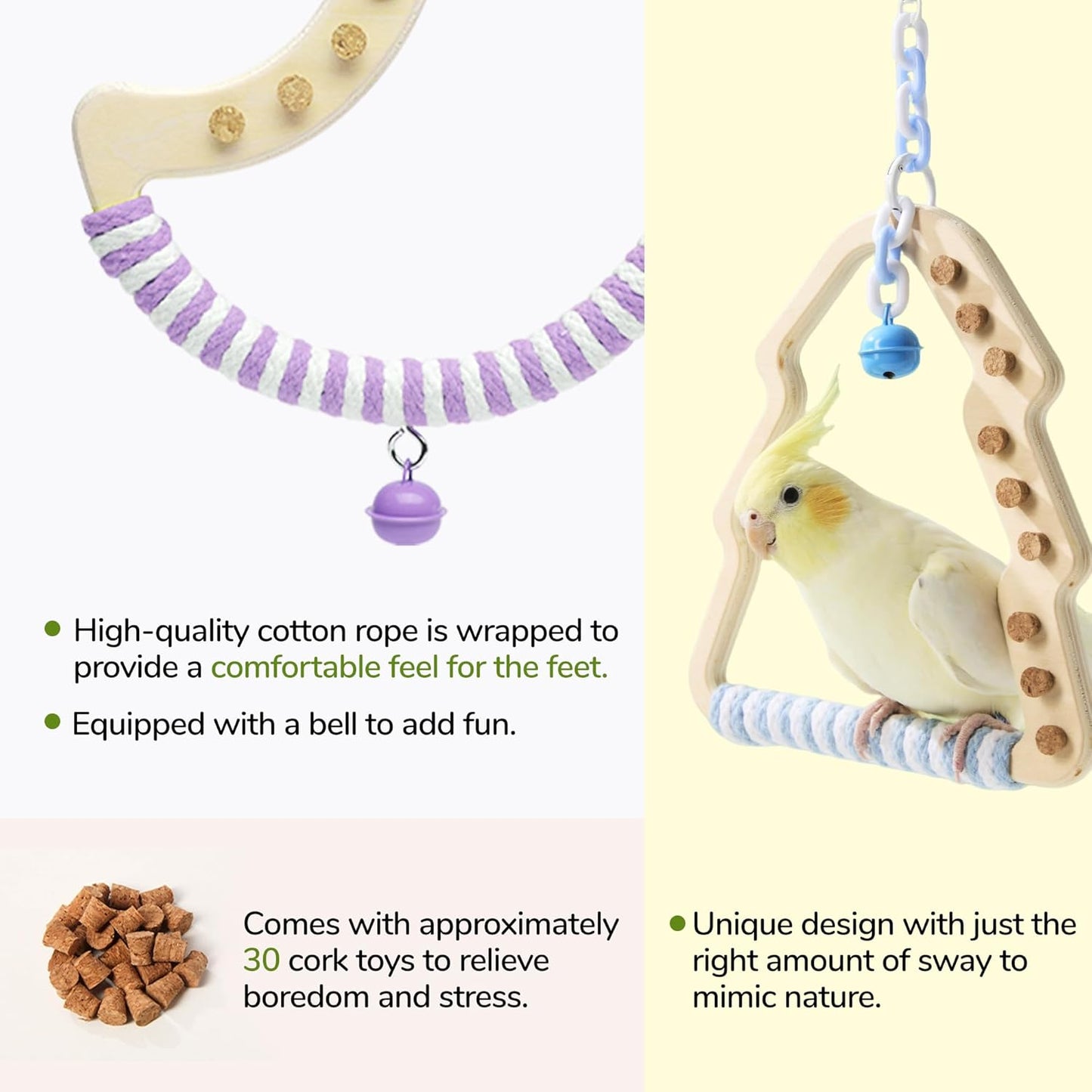 Natural Bird Swing - Moon-Shaped Parrot Perch with Bell and Cork Toys, Spinning Wooden Stand for Parakeets, Budgies, Lovebirds and Small/Medium Birds (White + Purple)