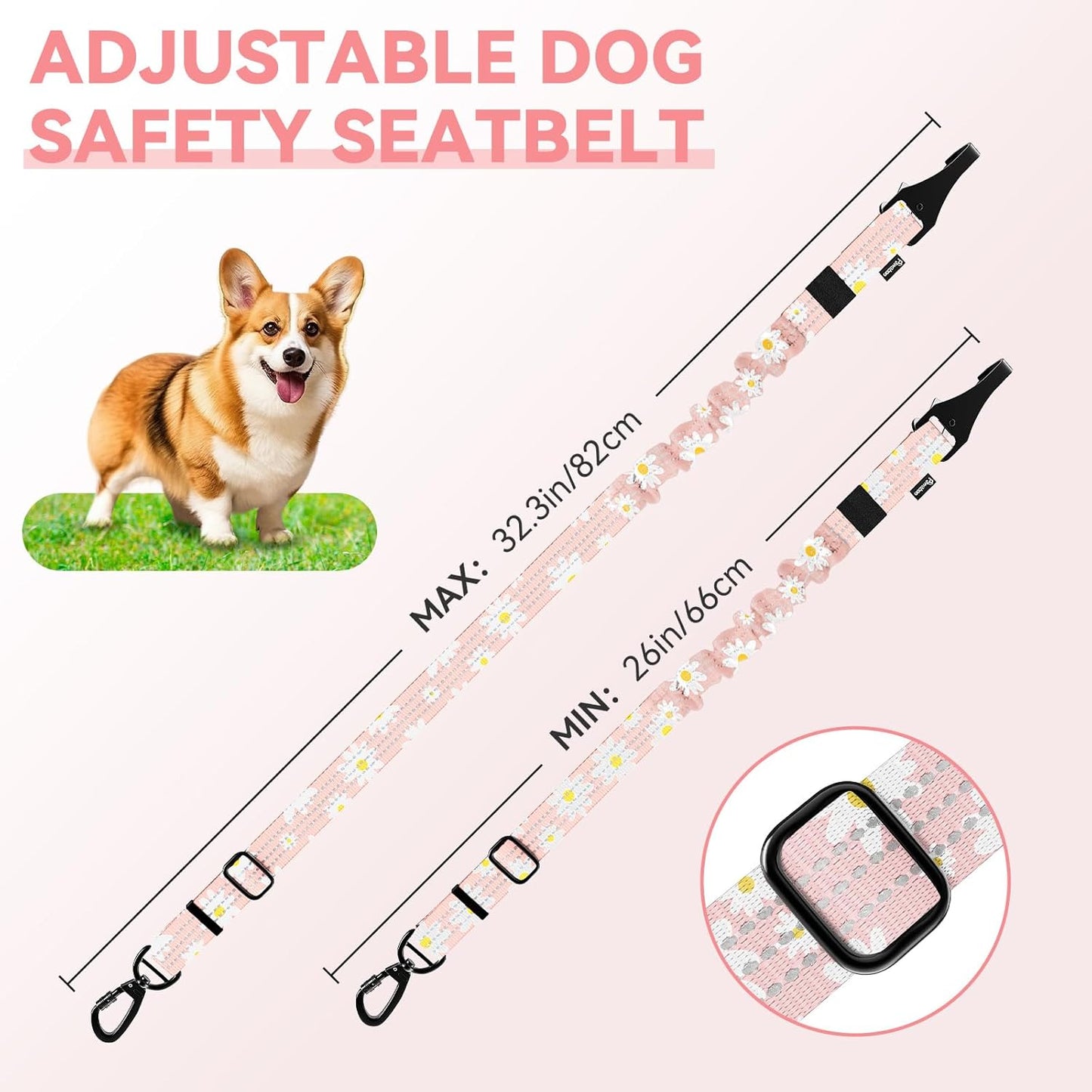 Pawaboo 2Pack Dog Seatbelt for Car, 3-in-1 Dog Car Seat Belt Bungee, Dogs Tether for Cars with Buckle & Hook Latch, Adjustable Reflective Dogs Cars Harness Leash with 360° Lockable Buckle, Light Pink