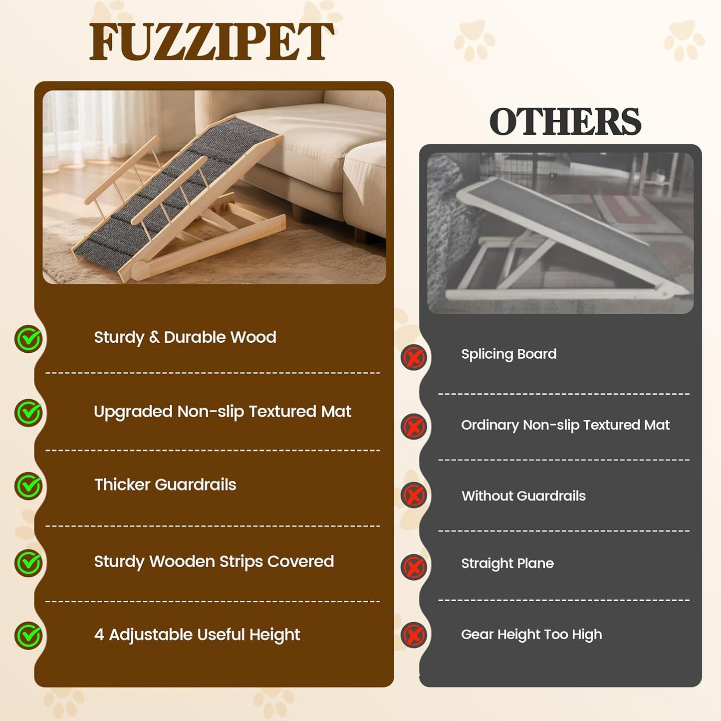 Dog Ramp for Bed, 47" Long Non-Slip Portable Pet Ramp for Small Large Dogs, Wooden Adjustable Dog Ramps for Bed, Couch, Car -Non Slip Carpet Surface and Foot Pads, Height from 12" to 24", Up to 200LBS