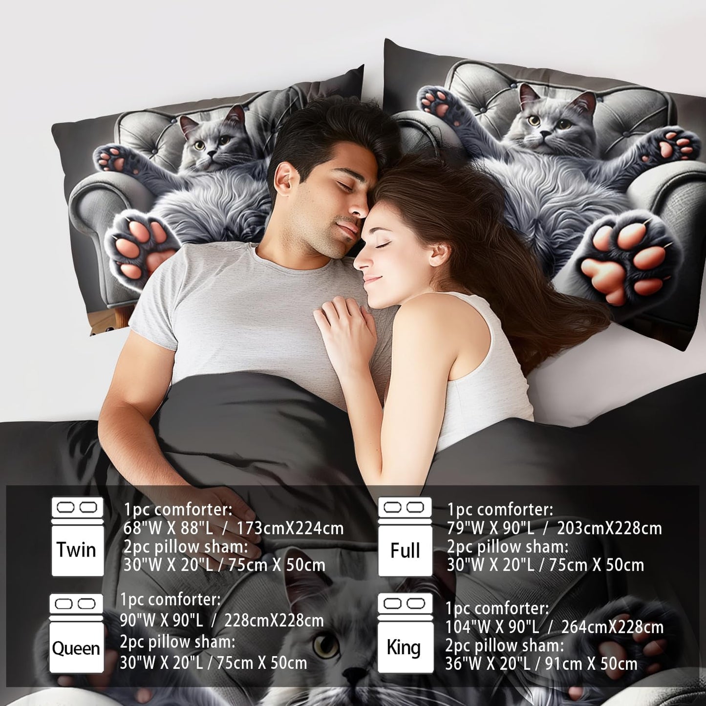 Cute Cat Comforter Set King,Grey Kawaii Cat Bedding Set Adult,Cute Animal Comforter for Boy,American Shorthair Bedding Grey,Kawaii Animal Print Quilt Bedroom Decor Kids