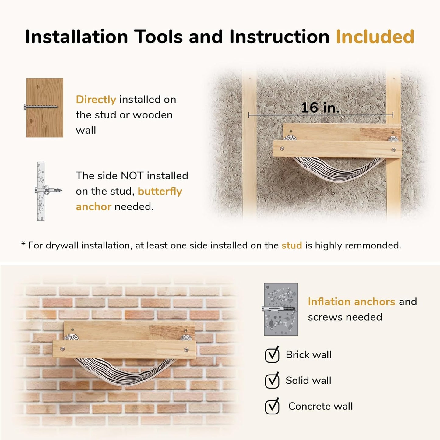 FUKUMARU Hammock Wall Mounted Cat Beds and Perches, Wooden Kitten Walls Furniture, Stable Cats Shelves for Sleeping, Playing, Climbing, and Lounging, Black Stripe