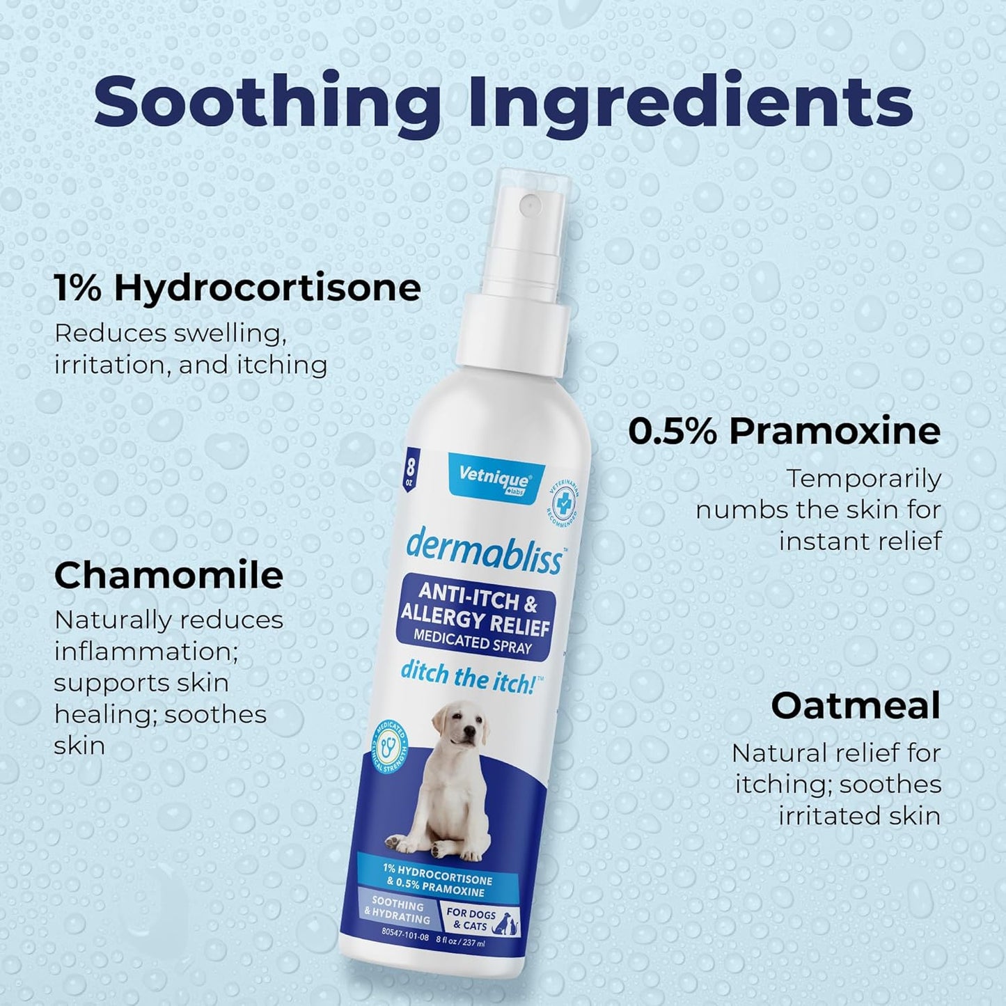 Vetnique Dermabliss Anti Itch Spray for Dogs & Cats with Hydrocortisone for Allergies and Immediate Dog Itching Skin Relief - Fragrance Free with Soothing Oat Extract (8oz)