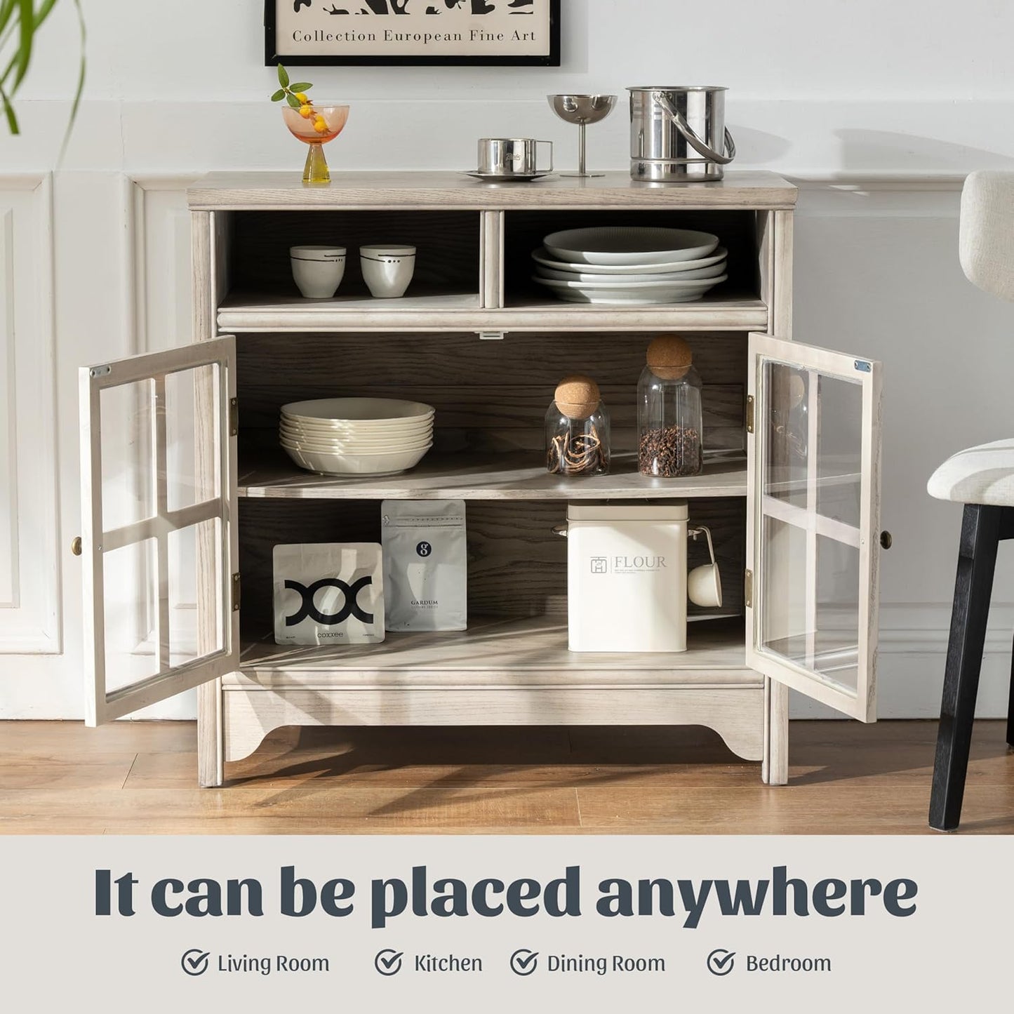 Chogori 31.5" Solid Wood Buffet Cabinet with Storage, Farmhouse Sideboard with 2 Doors, Coffee Bar Cabinet for Dining Room, Kitchen, or Living Room, Gray