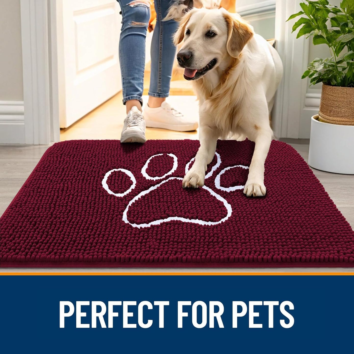 OLANLY Door Mat for Muddy Dog Paws 40x32, Ultra Absorbent Chenille Mud Doormat with Paw Print Design, Non-Slip Washable Doormat for Indoor Entryway, Quick-Dry Pet Bed Mats for Dirty Dogs, Burgundy