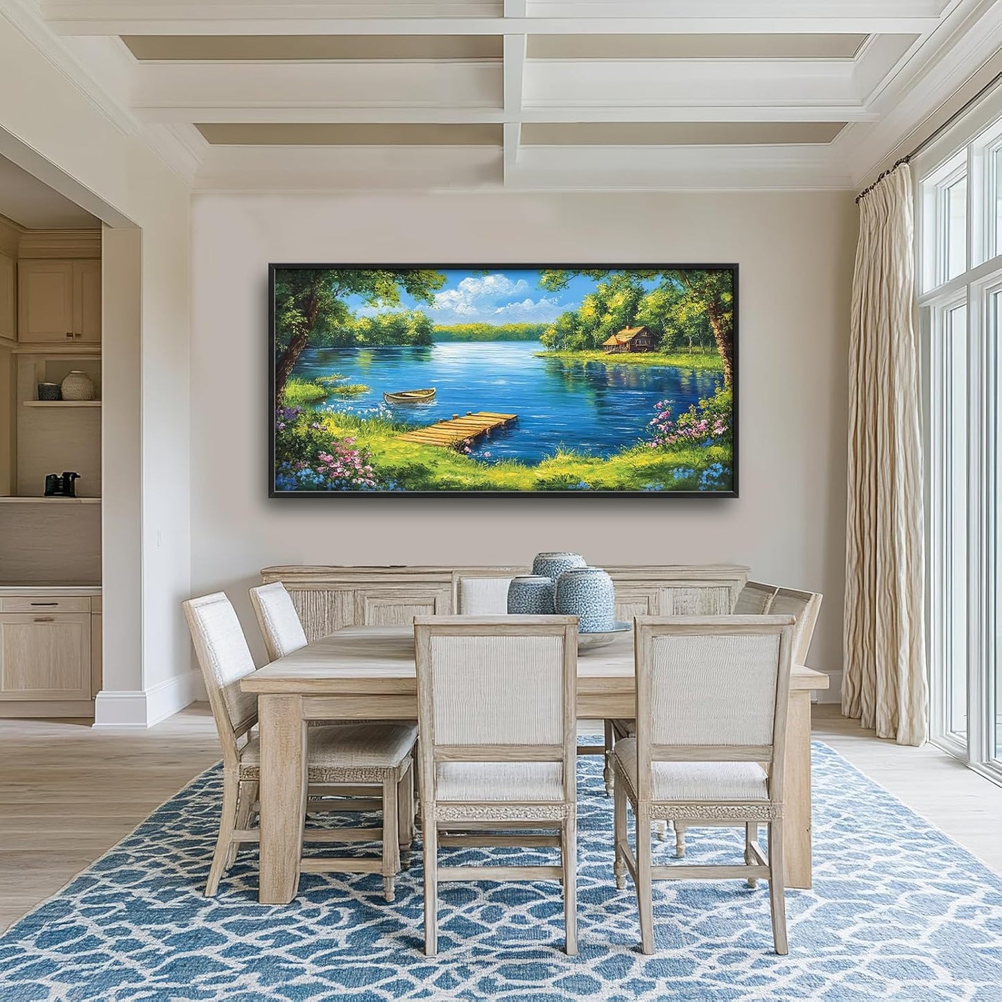 Large Lake Cabin Wall Art for Living Room, Framed Oversized Tree Boat Wildflowers Wall Decor Nature Landscape Canvas Painting Modern Artwork for Bathroom Bedroom Office Dining Room 60"x30"