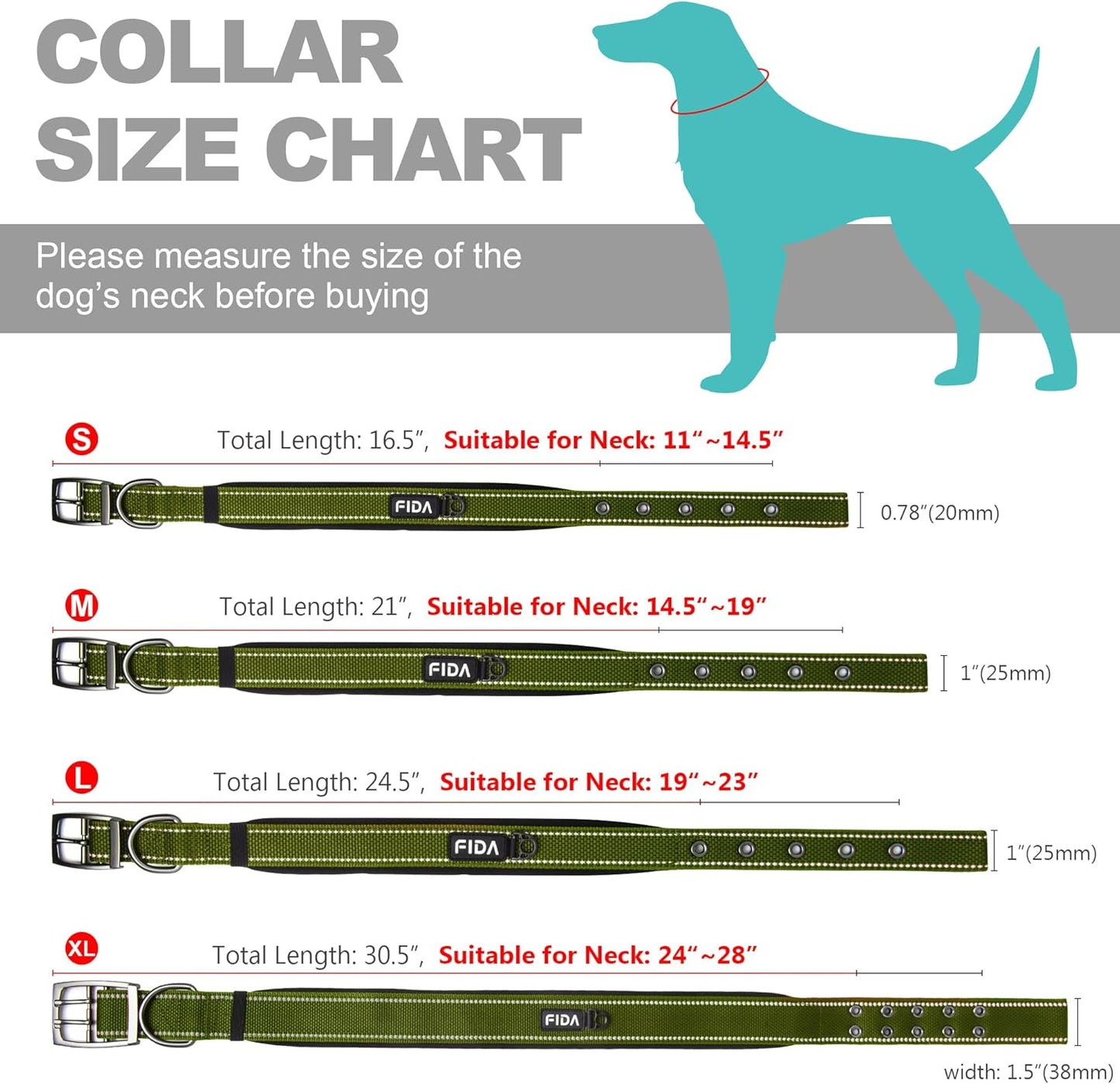 Fida Heavy Duty Dog Collar for Large Dogs, Ultra Comfortable Soft Neoprene Padded, Adjustable Reflective Nylon Pet Collar with Durable Metal Belt Buckle for Large Breeds (L, Green)