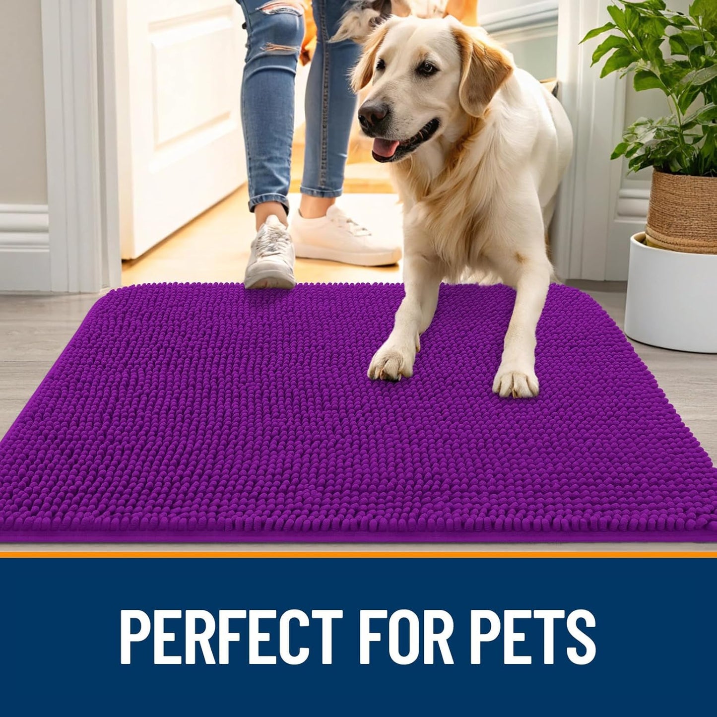 OLANLY Dog Door Mat for Muddy Paws 44x32, Absorbs Moisture and Dirt, Absorbent Non-Slip Washable Doormat, Quick Dry Chenille Mud Mat for Dogs, Entry Indoor Entryway Carpet for Inside Floor, Purple