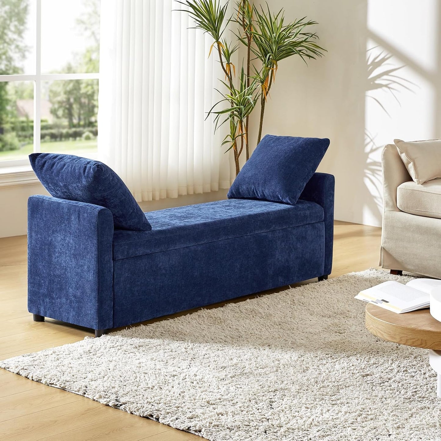 HULALA HOME Modern Storage Ottoman Bench with Throw Pillows, 59.4" Extra Long Bedroom Bench for End of Bed, Comfy Upholstered Footstool for Entryway Living Room Dining Room, Navy