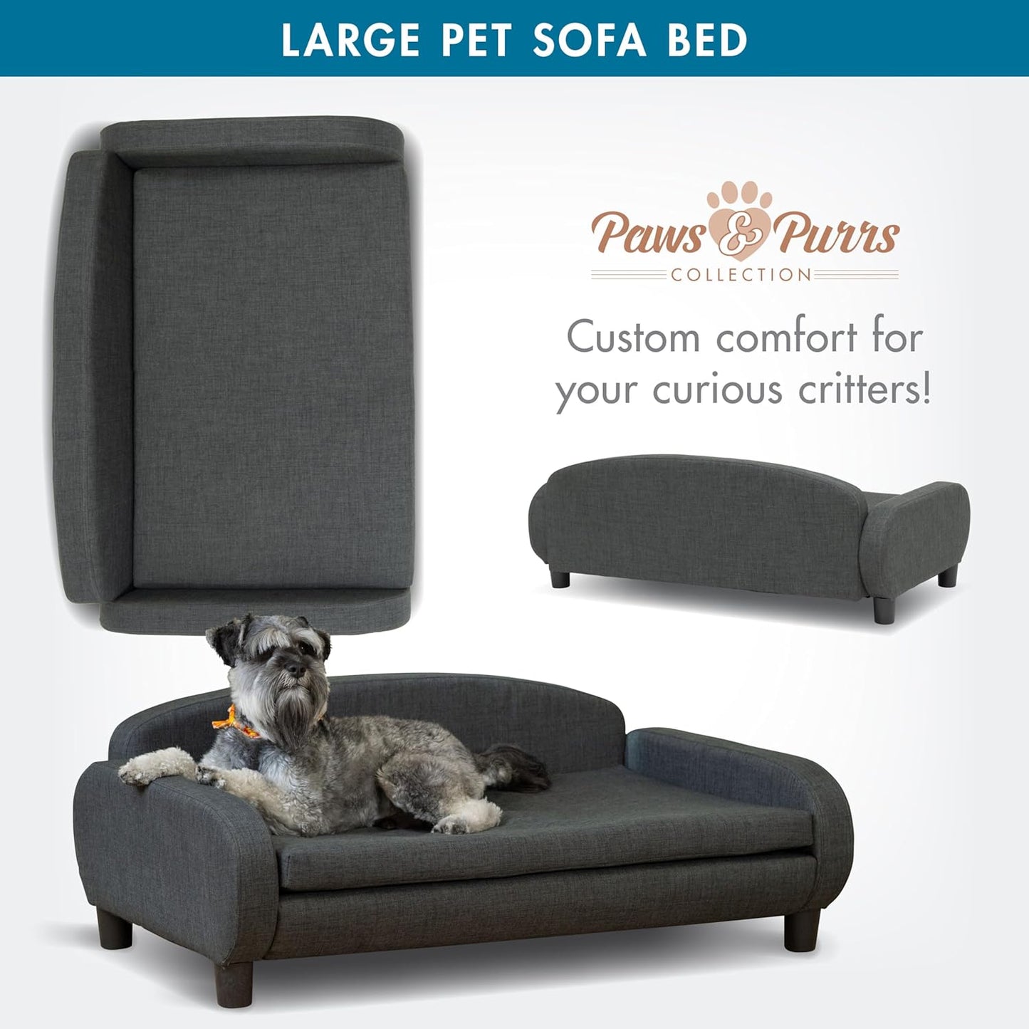 Paws & Purrs Multi-Cat Sofa Bed – 41.5″ Wide Elevated Pet Couch with 3″ Foam Mattress, Removable Machine-Washable Cover – Stylish Indoor Pet Furniture for Two or More Cats and Dogs, Gray