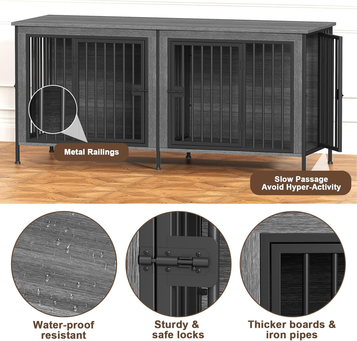 EasyCom 63" Dog Cage Furniture for 2 Pets with Divider, XL Wooden Double Dog Crate Furniture TV Stand for Mideum Breed, Durable and Sturdy