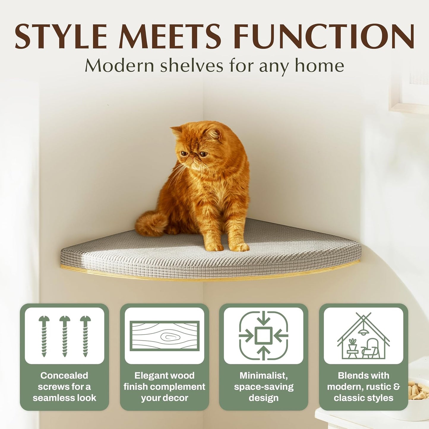 Large 9.84” CALLICO HAVEN- Corner Cat Wall Shelves, Modern Wall-Mounted Cat Furniture, Corner Wall Hammock for Cats, Space-Saving Wall Cat Tree Bed, Sturdy/Hidden Mounts, Washable Cover- Fan Shape