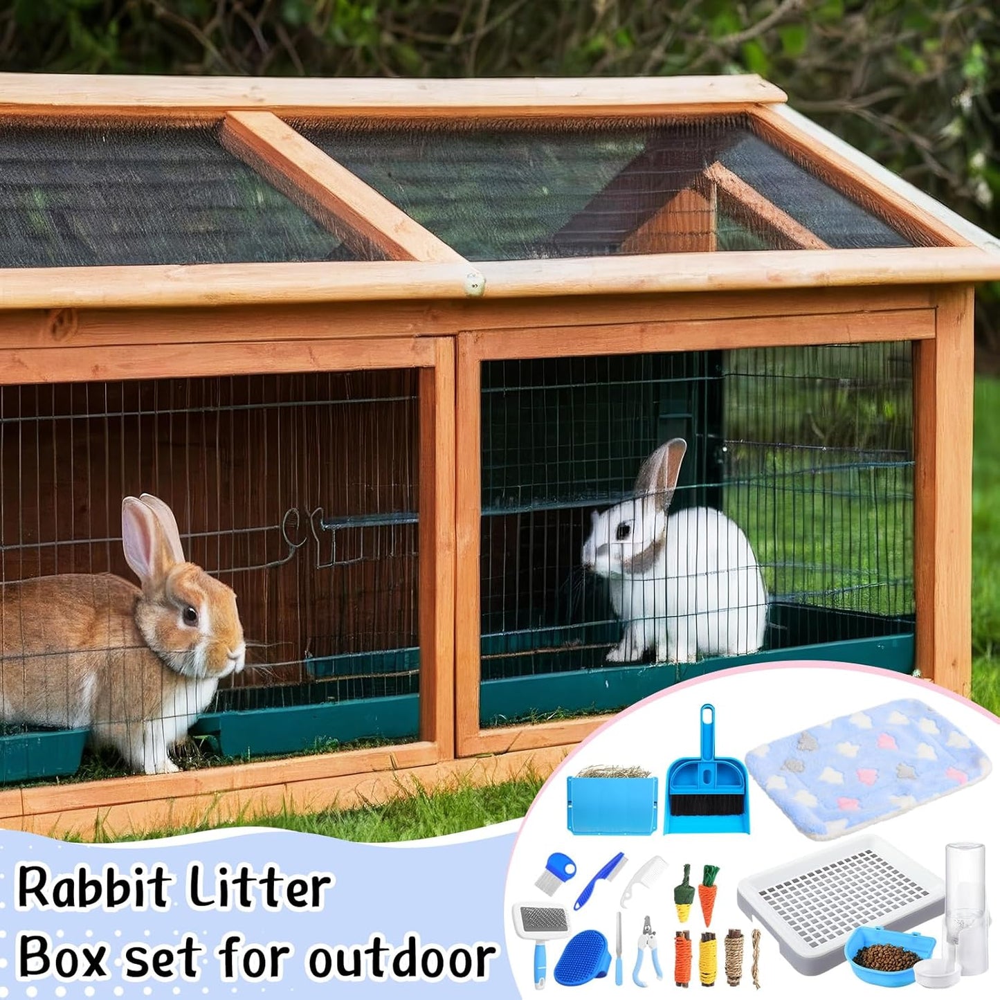 19 Pcs Rabbit Starter Kit Small Bunny Litter Box Animal Grooming Kit Water Bottle Bunny Toys Hay Feeder Bowl Blankets with Cleaning Set for Guinea Pig Rabbit Accessories