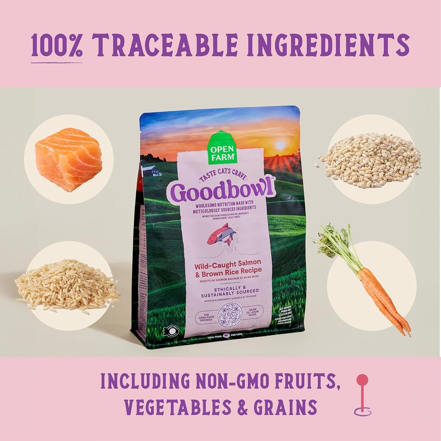 Open Farm Goodbowl, Protein Rich Dry Cat Food Made from Meticulously Sourced Simple Ingredients, Wild-Caught Salmon & Brown Rice Recipe, 3lb Bag (48oz Bag)