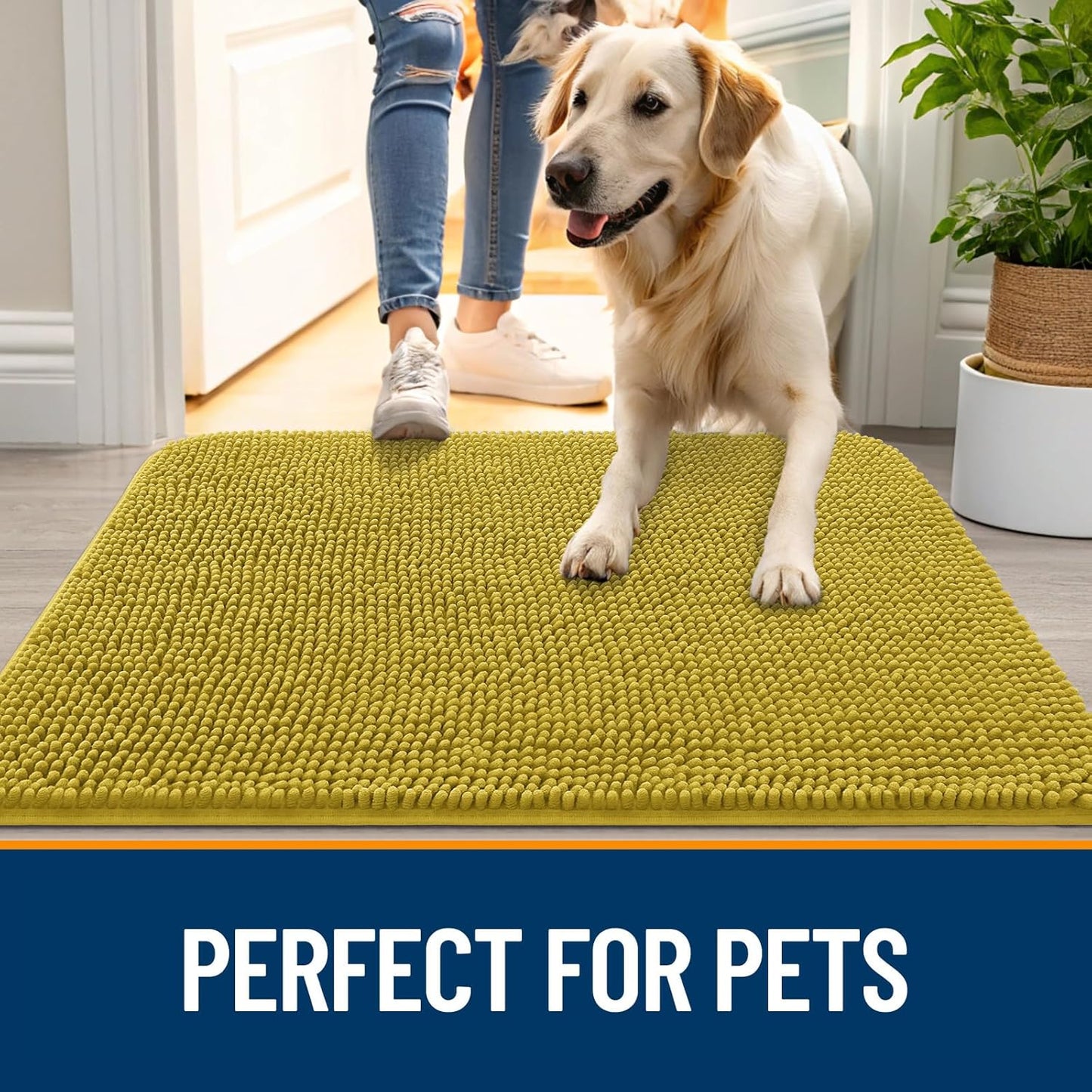 OLANLY Dog Door Mat for Muddy Paws 24x16, Absorbs Moisture and Dirt, Absorbent Non-Slip Washable Doormat, Quick Dry Chenille Mud Mat, Entry Indoor Entryway Carpet for Inside Floor, Mustard Yellow