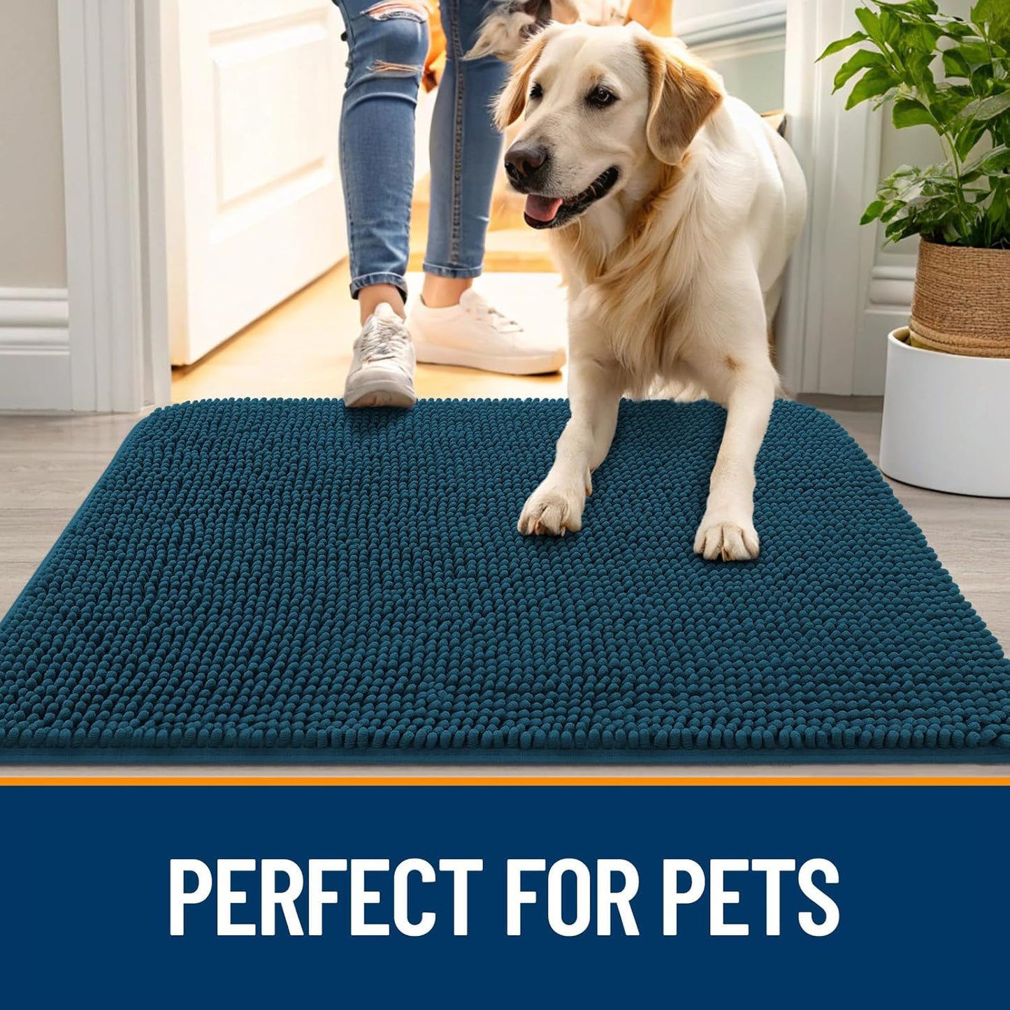 OLANLY Dog Door Mat for Muddy Paws 59x24, Absorbs Moisture and Dirt, Absorbent Non-Slip Washable Doormat, Quick Dry Chenille Mud Mat, Entry Indoor Entryway Carpet for Inside Floor, Atlantic Blue