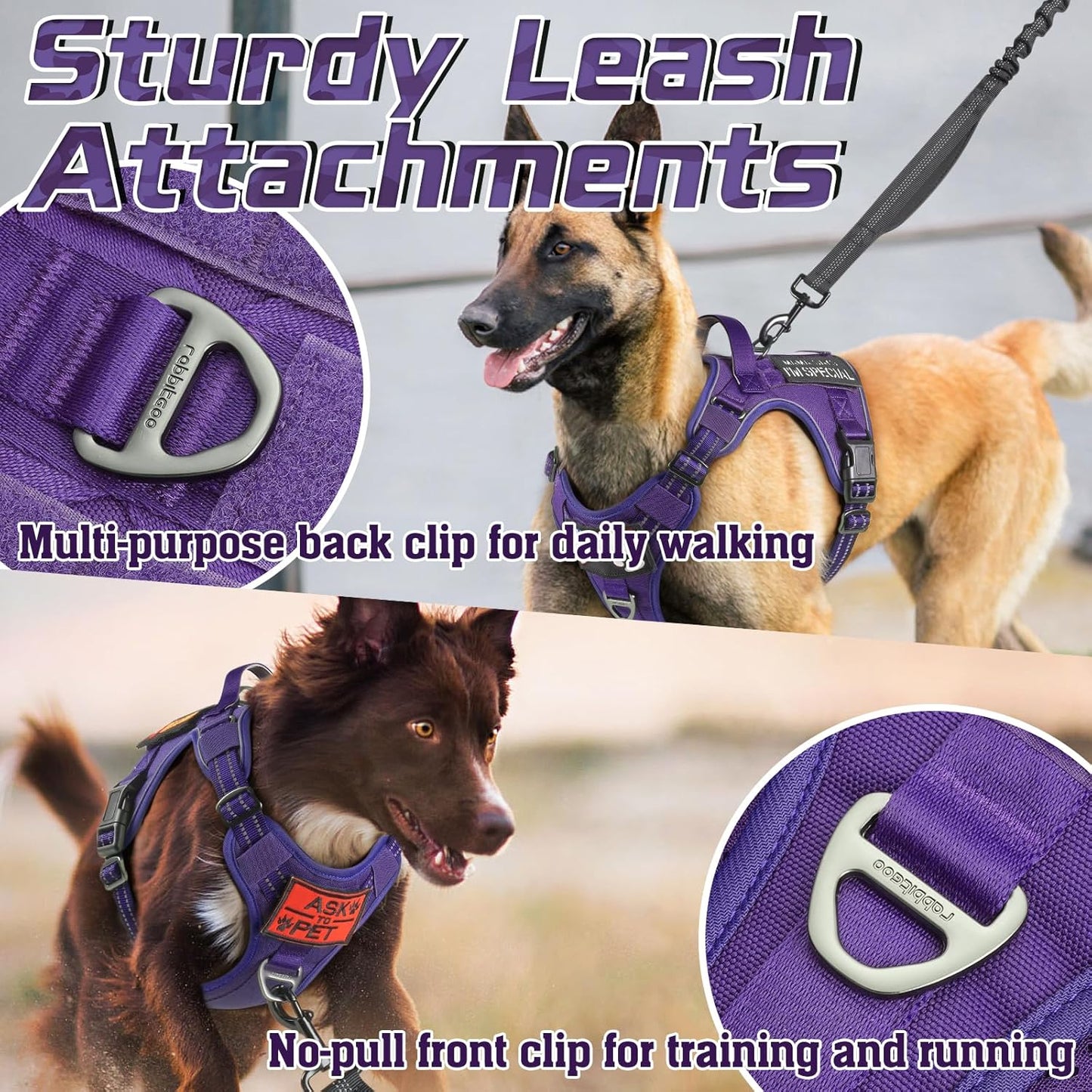 rabbitgoo Tactical Dog Harness for Large Dogs, No Pull Military Service Vest with Handle & Molle, Easy Control for Training Walking, Adjustable Reflective Straps, Purple, XL
