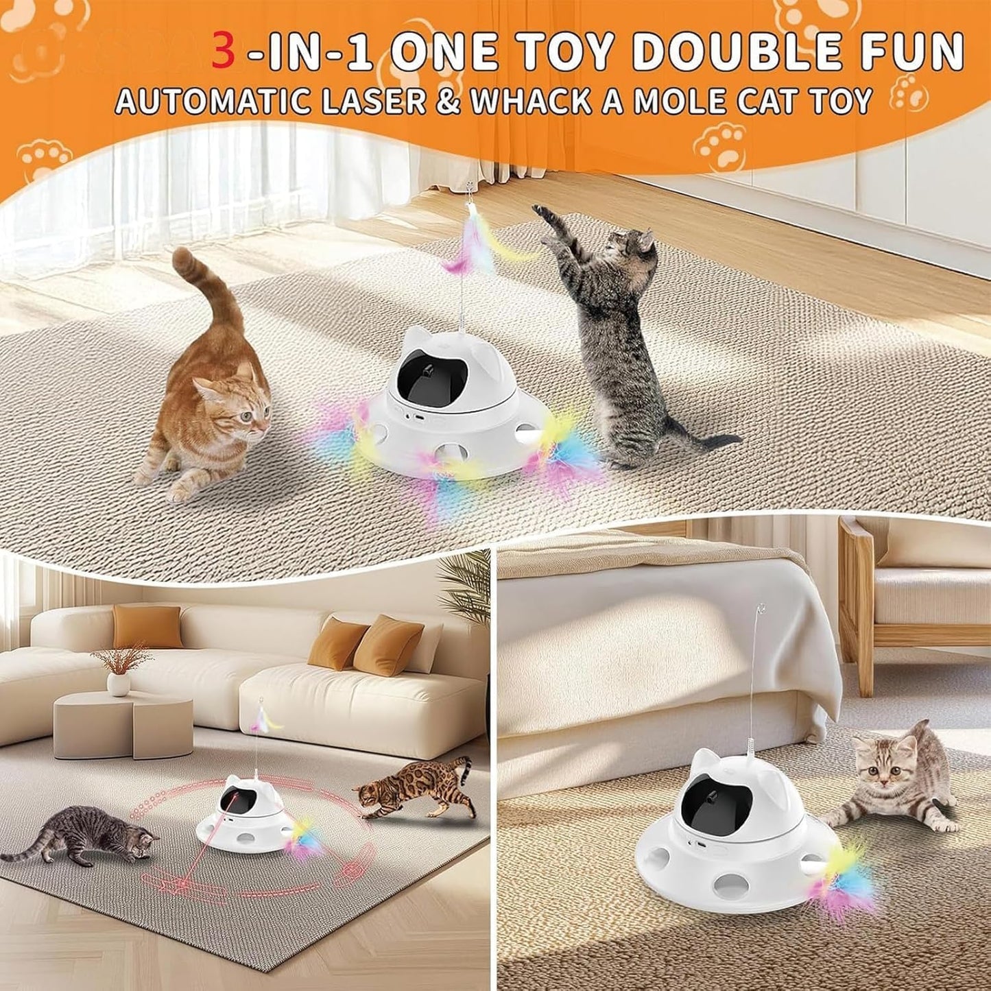 3-in-1 Cat Laser Toy & Interactive Automatic Motion-Activated Kitten Toy โ 6 Holes Whack-A-Mole Feather & Moving Ambush Fun โ USB Rechargeable, Apply to โ Indoor Exercise for Cats of All Breeds