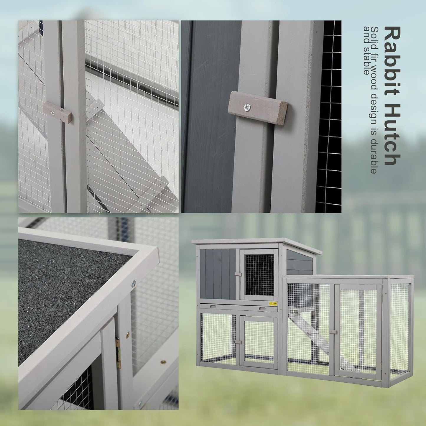 Assembled Wooden Indoor & Outdoor Rabbit Hutch, 2 Story Small Animal House Habitat, Durable Pet Bunny House Cage with Cleaning Tray, for Bunny Chick Duck Hamster (Grey)