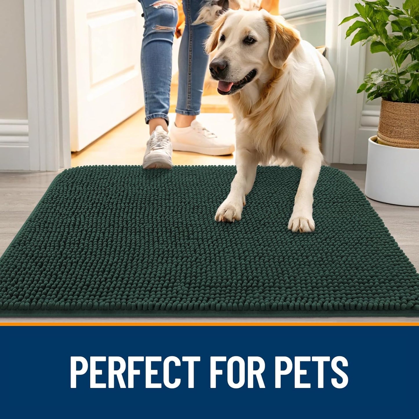 OLANLY Dog Door Mat for Muddy Paws 59x32, Absorbs Moisture and Dirt, Absorbent Non-Slip Washable Doormat, Quick Dry Chenille Mud Mat, Entry Indoor Entryway Carpet for Inside Floor, Blackish Green