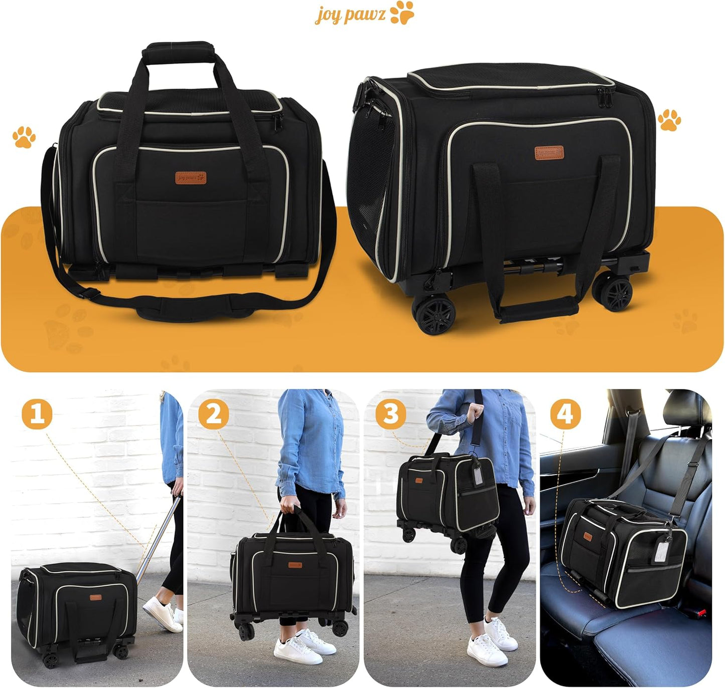 Pet Carrier for Travel - Small Dogs/Cats - 15 LBS MAX Dogs/Cats Expandable - Airline Approved & Roomy - Premium Pets Carrier with Wheels - Cozy Soft-Lined Travel Carrier - Stylish Black Design
