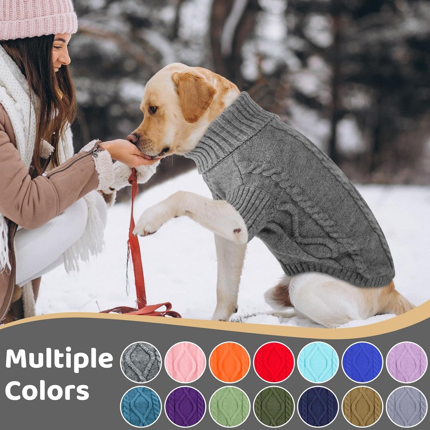 Queenmore Small Dog Pullover Sweater, Cold Weather Cable Knitwear, Classic Turtleneck Thick Warm Clothes for Chihuahua, Bulldog, Dachshund, Pug (Slate Grey, Large)