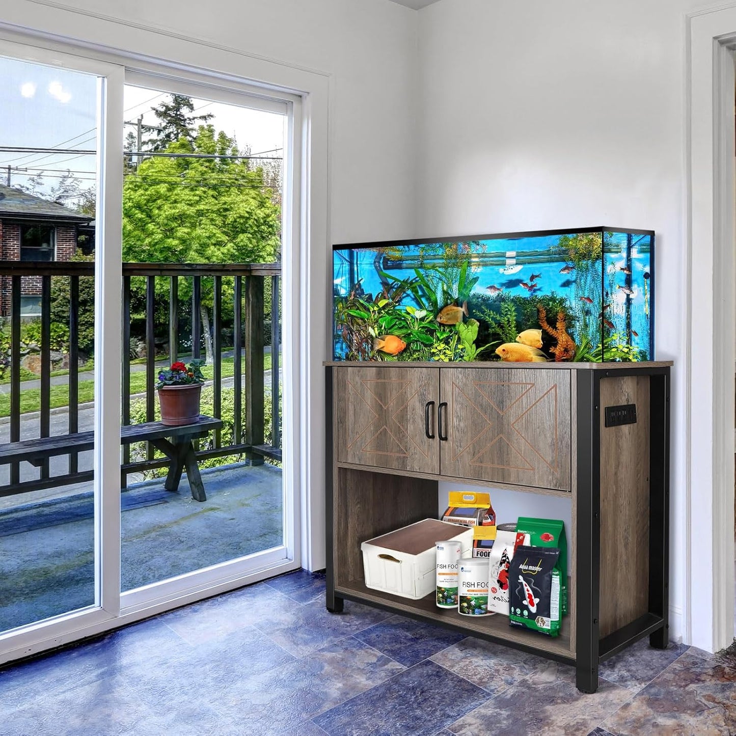 40 Gallon Aquarium Stand with Cabinet & Power Outlets, Heavy Duty Metal Stand for 40-50 Gallon Breeder & Turtle Tanks, Double Terrarium Stand, 660LBS Capacity, Grey