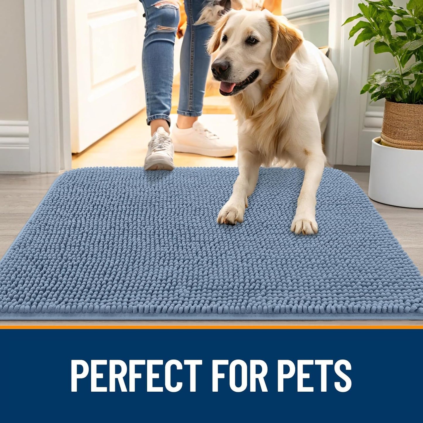 OLANLY Dog Door Mat for Muddy Paws 47x20, Absorbs Moisture and Dirt, Absorbent Non-Slip Washable Doormat, Quick Dry Chenille Mud Mat for Dogs, Entry Indoor Entryway Carpet for Inside Floor, Airy Blue