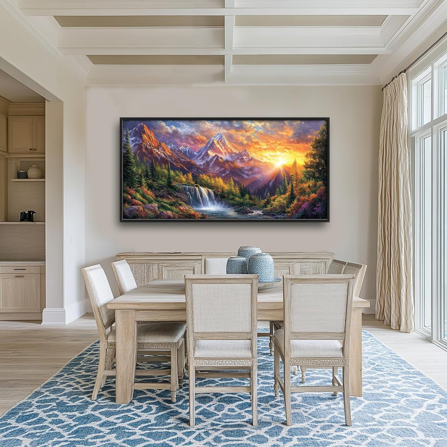 Large Mountain Tree Wall Art for Living Room, Framed Oversized Sunset Waterfall Wall Decor Nature Landscape Canvas Painting Modern Artwork for Living Room Bathroom Bedroom Office Dining Room 60"x30"