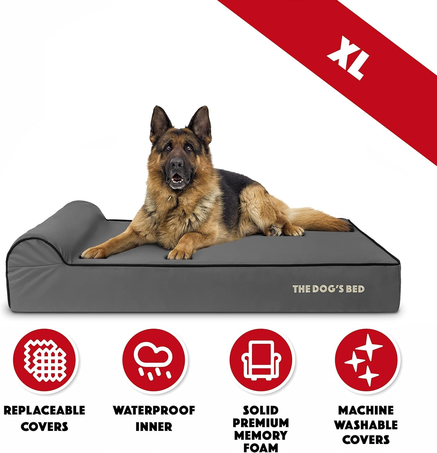 The Dog’s Bed Orthopedic Headrest Dog Bed XL Grey/Black 46x28, Memory Foam, Pain Relief for Arthritis, Hip & Elbow Dysplasia, Post Surgery, Lameness, Veterinary Approved, Waterproof Washable Cover