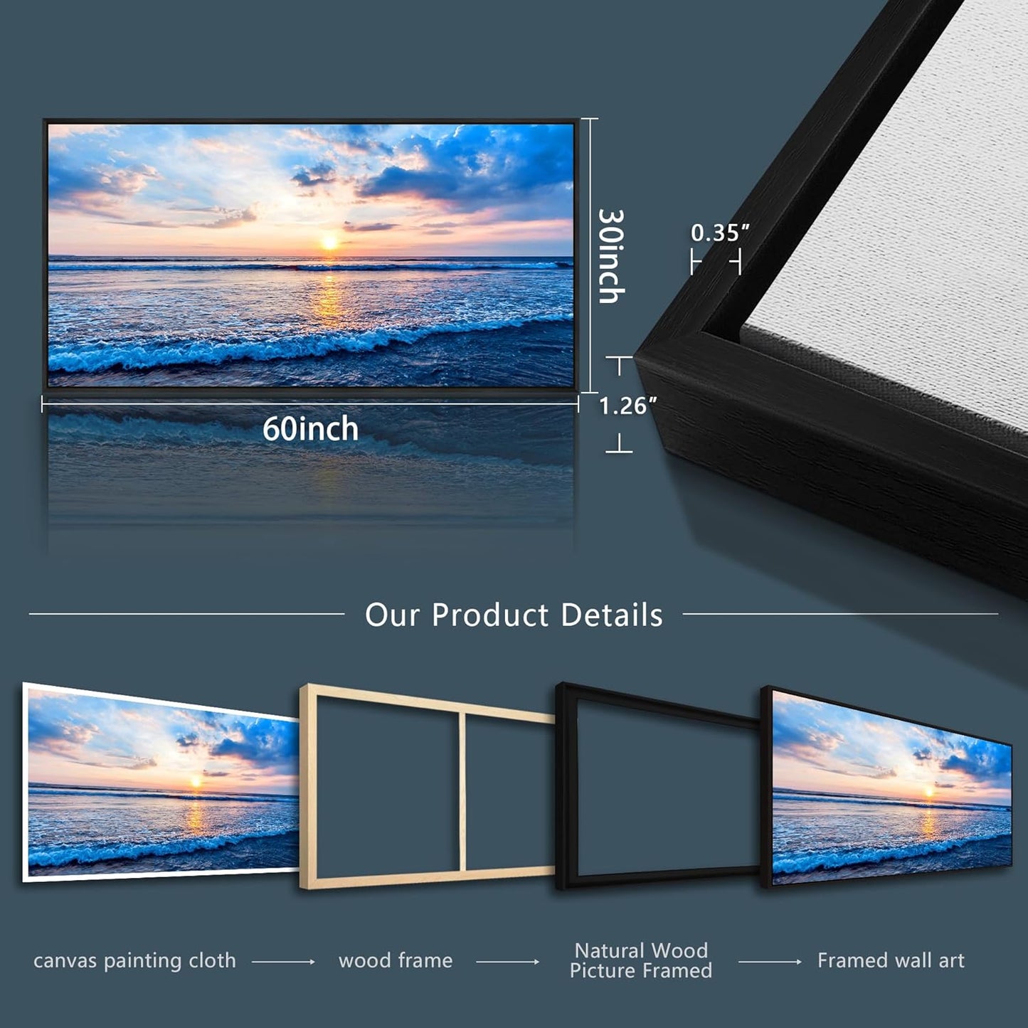 Wapluam Large Canvas Prints Wall Art For Living Room Office Wall Decor Blue Beach Sea Waves Landscape Wall Painting Bedroom Home Decorations Pictures Ready To Hang Wall Mural Black Framed Artwork