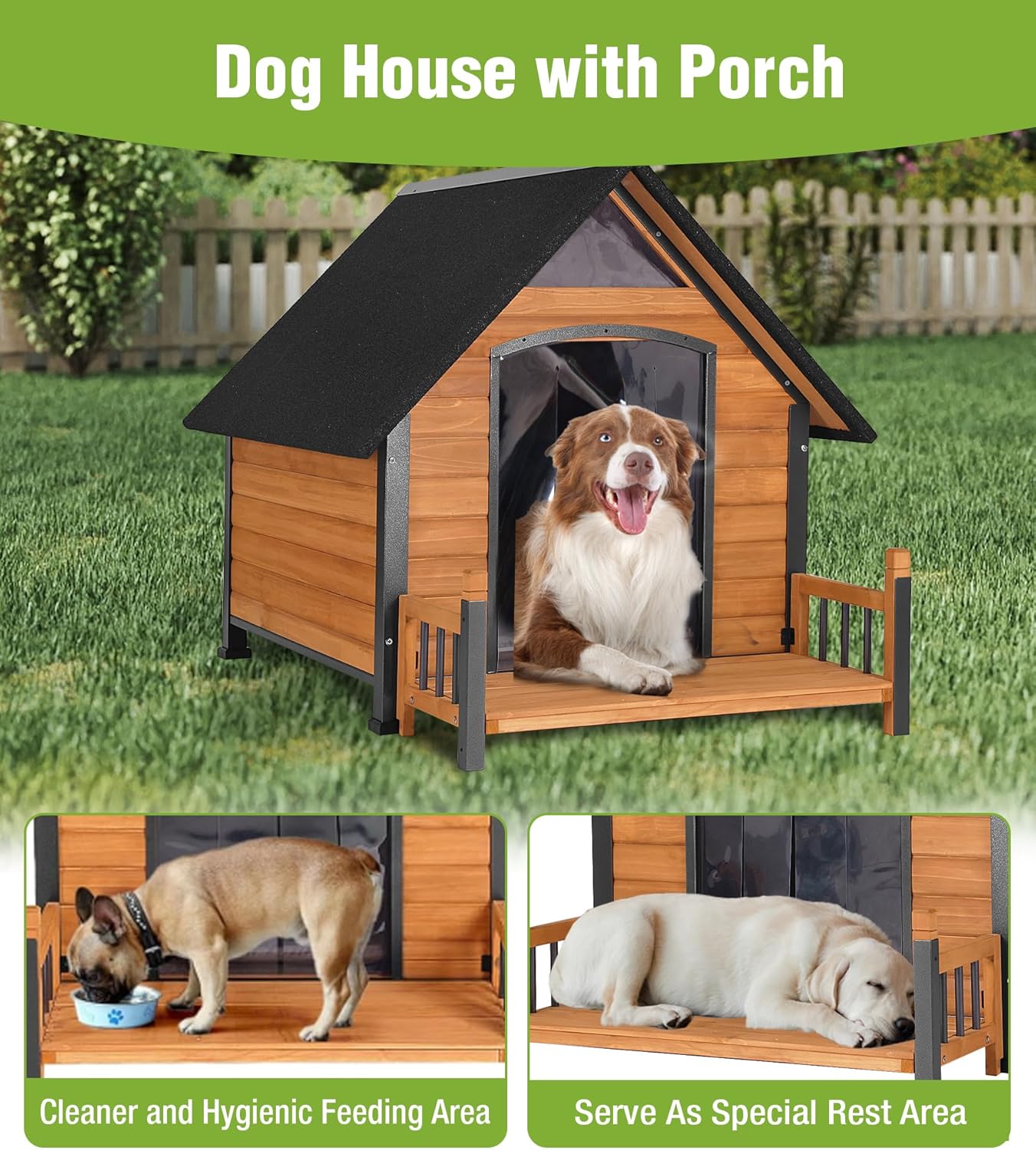 Large Dog House Outdoor Weatherproof with Porch, All-Metal Frame Chew-Proof Dog Kennel with Asphalt Roof, for Small Medium Large Dogs