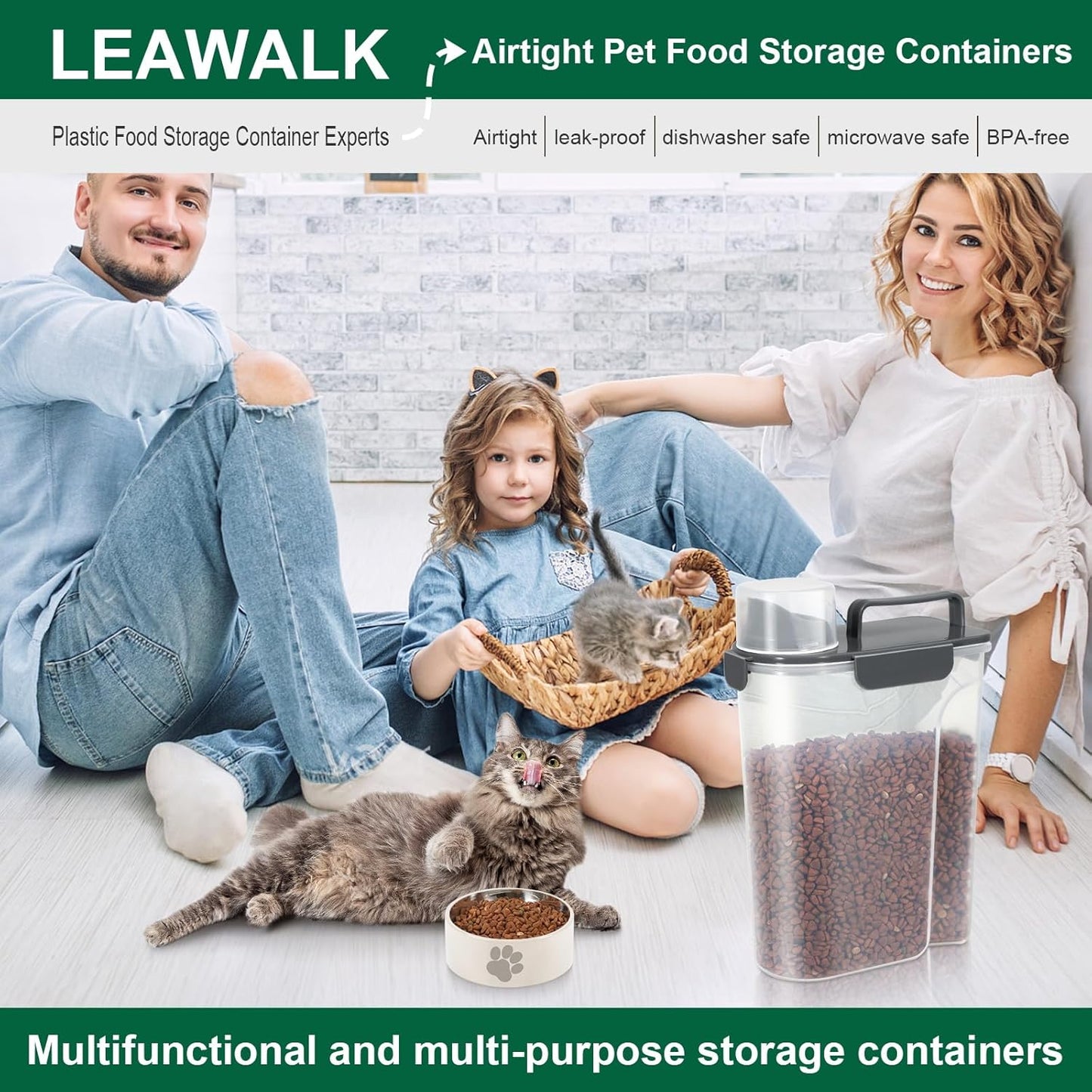 5-7Lbs Cat Dog Storage Container, Portable Pet Food Containers with Upgraded Large Spout and Cup, Small Animal Kibble Dispenser for Bird Seed, Oatmeal, Rice, Flour (2, Dark Gray, 5L)