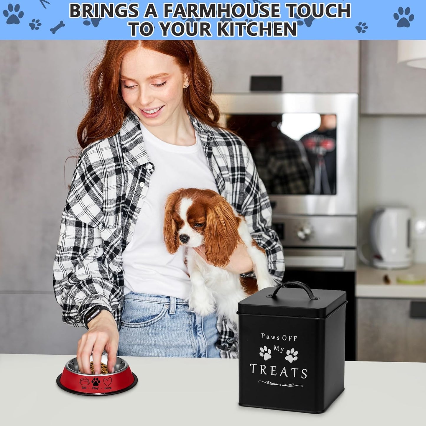 Meraki Home Small Dog Food Container and Dog Treats Container - Tight Lids - Feed Scoop and Pet Food Bowl - Farmhouse Metal Storage Bin - Matte Black