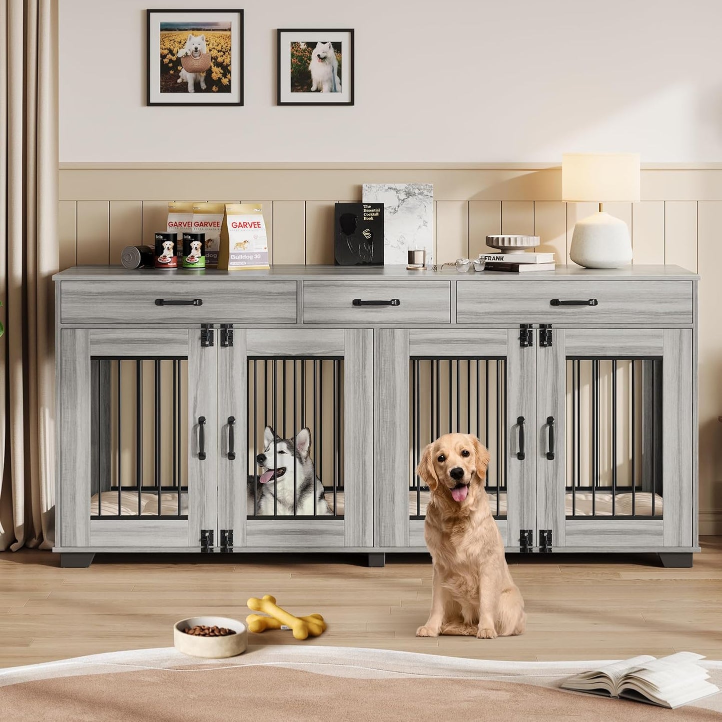 71 Inch Dog Crate Furniture for 2 Rooms, Wooden Double Crate Large Breed with Door, Dog Kennel Indoor, TV Stand End Table with Divider for Large Medium Dogs,Grey