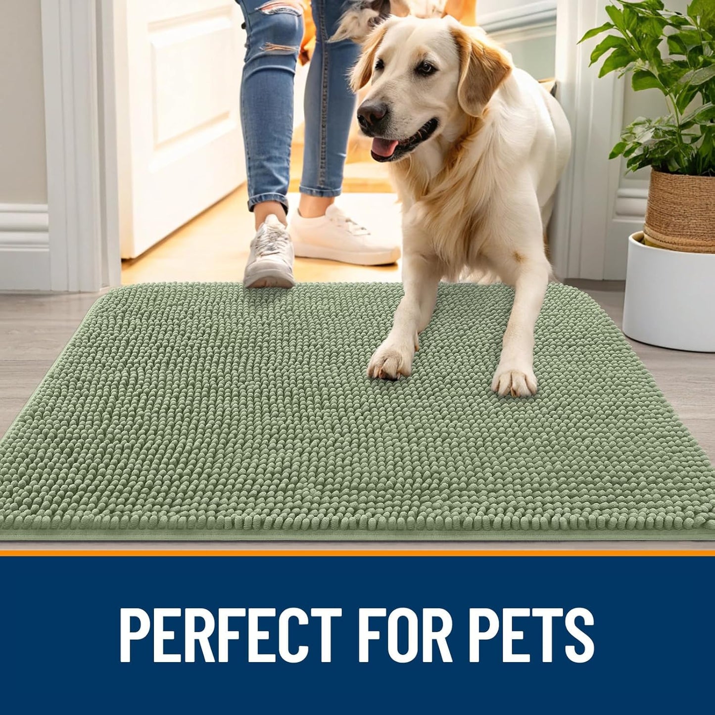 OLANLY Dog Door Mat for Muddy Paws 47x32, Absorbs Moisture and Dirt, Absorbent Non-Slip Washable Doormat, Quick Dry Chenille Mud Mat for Dogs, Entry Indoor Entryway Carpet for Inside Floor, Sage Green