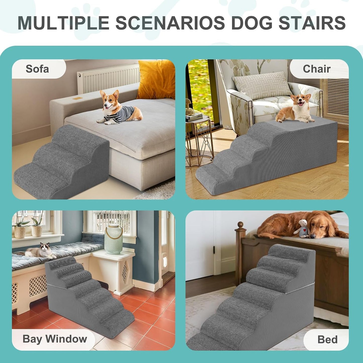 7-Step Dog Stairs for High Bed - 29.5" Adjustable Dog Ramps for Couch, Non-Slip Sturdy Pet Steps for Small Dogs, Washable Cover, Removable Modular Design, Dual 11.8” & 17.7” Steps for Custom Height