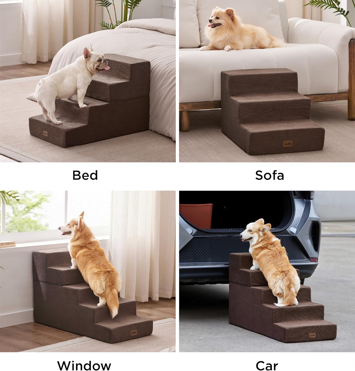 Made4Pets Dog Stairs for Small Dogs, Extra Wide Dog Steps for Bed Couch Sofa and Chair, 35D Foam Pet Steps for Small Dogs and Cats, Non-Slip Bottom Pet Stairs, Brown, 3 Steps