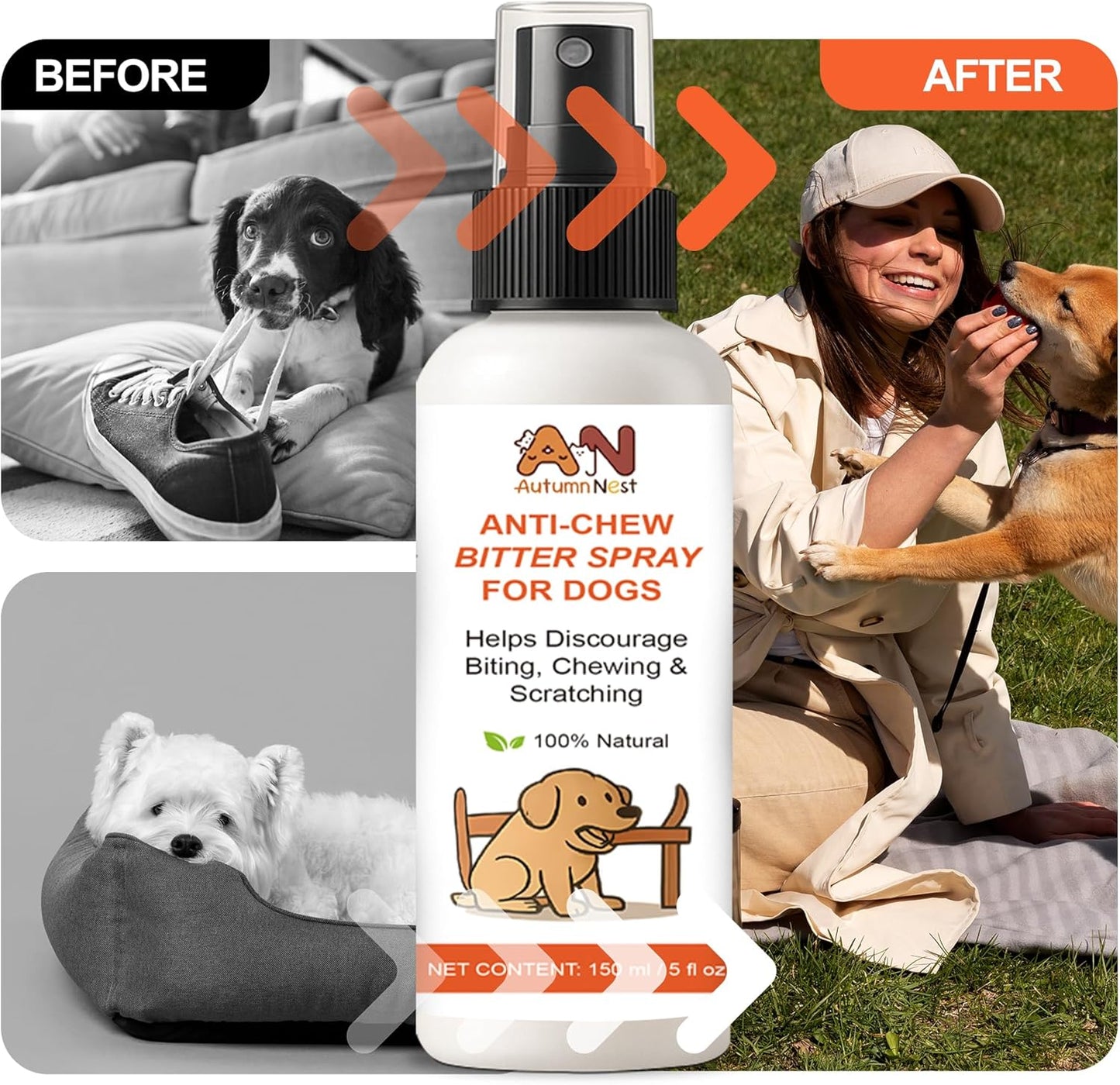 Anti-Chew & No-Go Dog Spray – 150ml Large Bottle – Helps Deter Chewing, Biting & Scratching – Safe for Furniture, Shoes & Carpets – Natural Bitter Formula for Dogs & Puppies